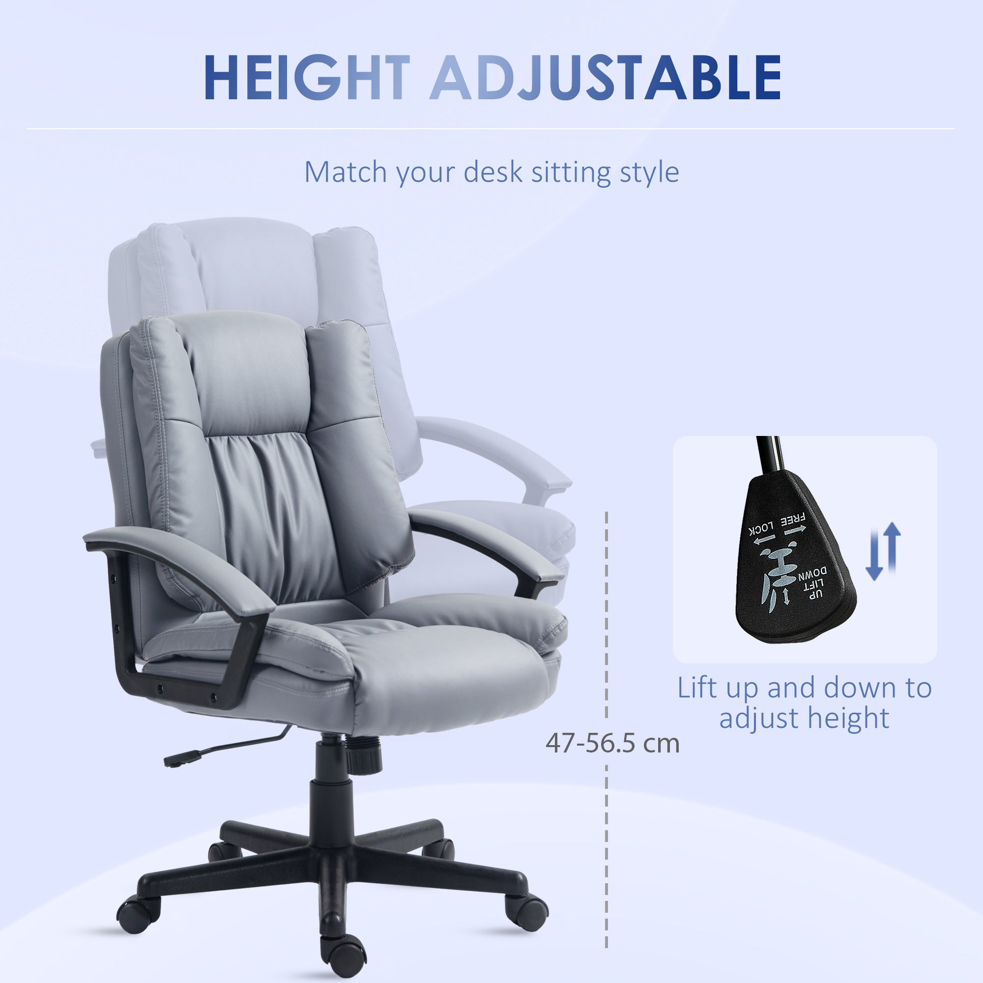 HOMCOM Office Chair, Faux Leather Computer Desk Chair, Mid Back Executive Chair with Adjustable Height and Swivel Rolling Wheels for Home Study, Light Grey - North Peak Garden Furniture