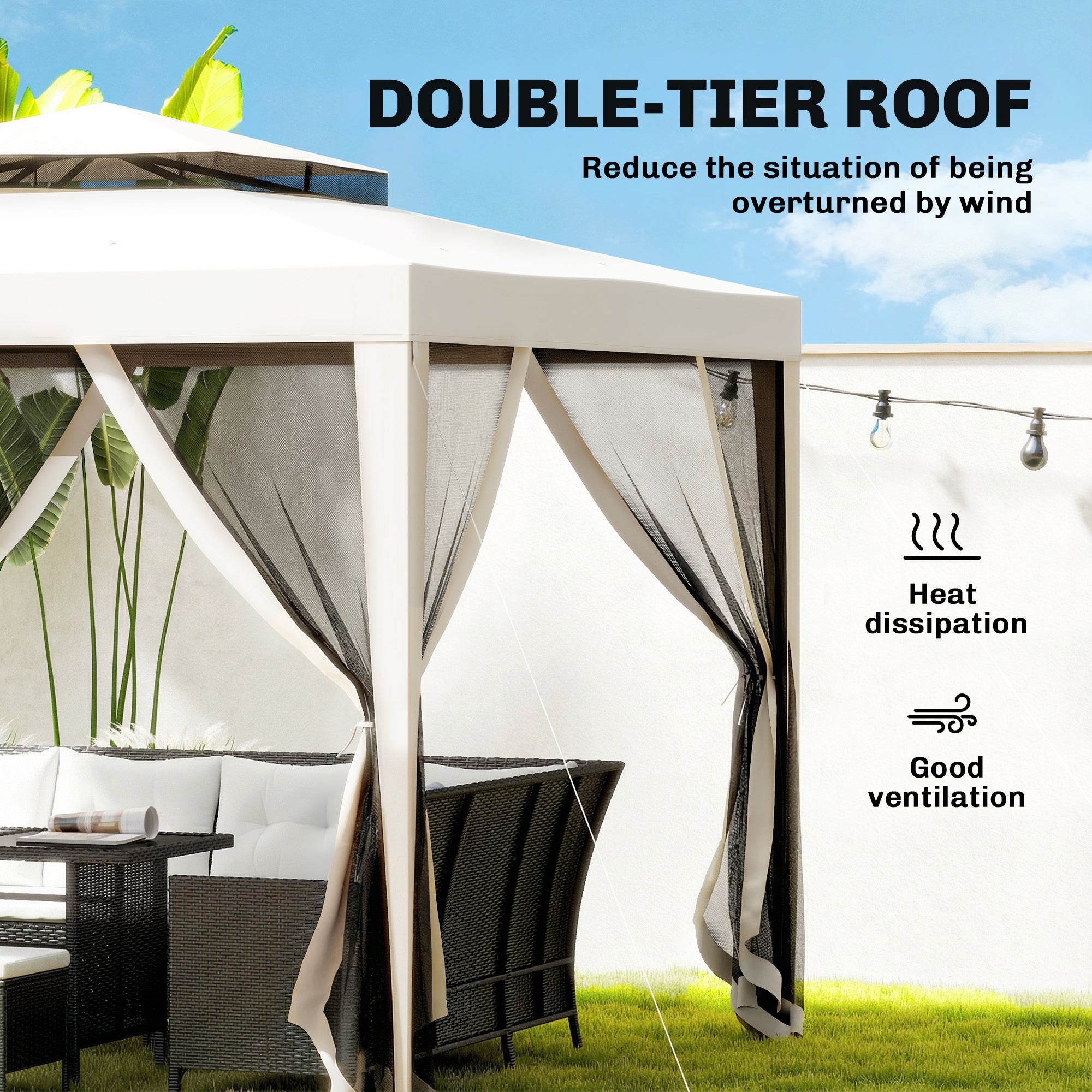 Outsunny 3 x 3 m Gazebo, Netting Party Tent, Patio Canopy Outdoor Event Shelter with Double Tier Roof, Cream White