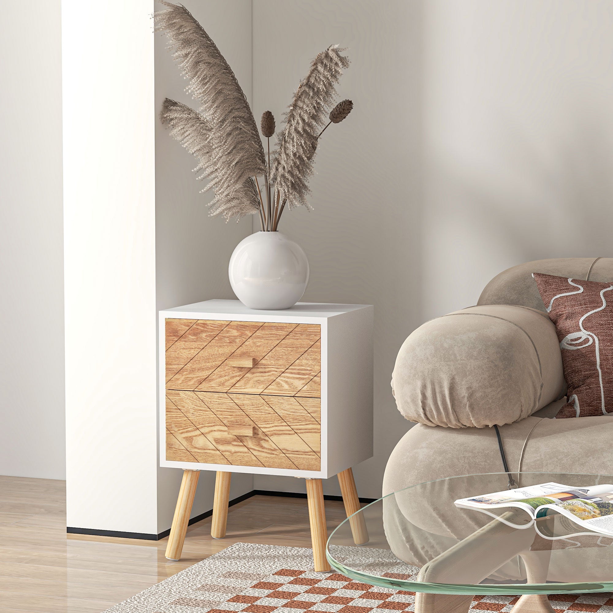 HOMCOM 2 Drawers Bedside Table with Pine Legs, Bedroom Wooden Storage Cabinet, Set of 2, Natural - North Peak Garden Furniture