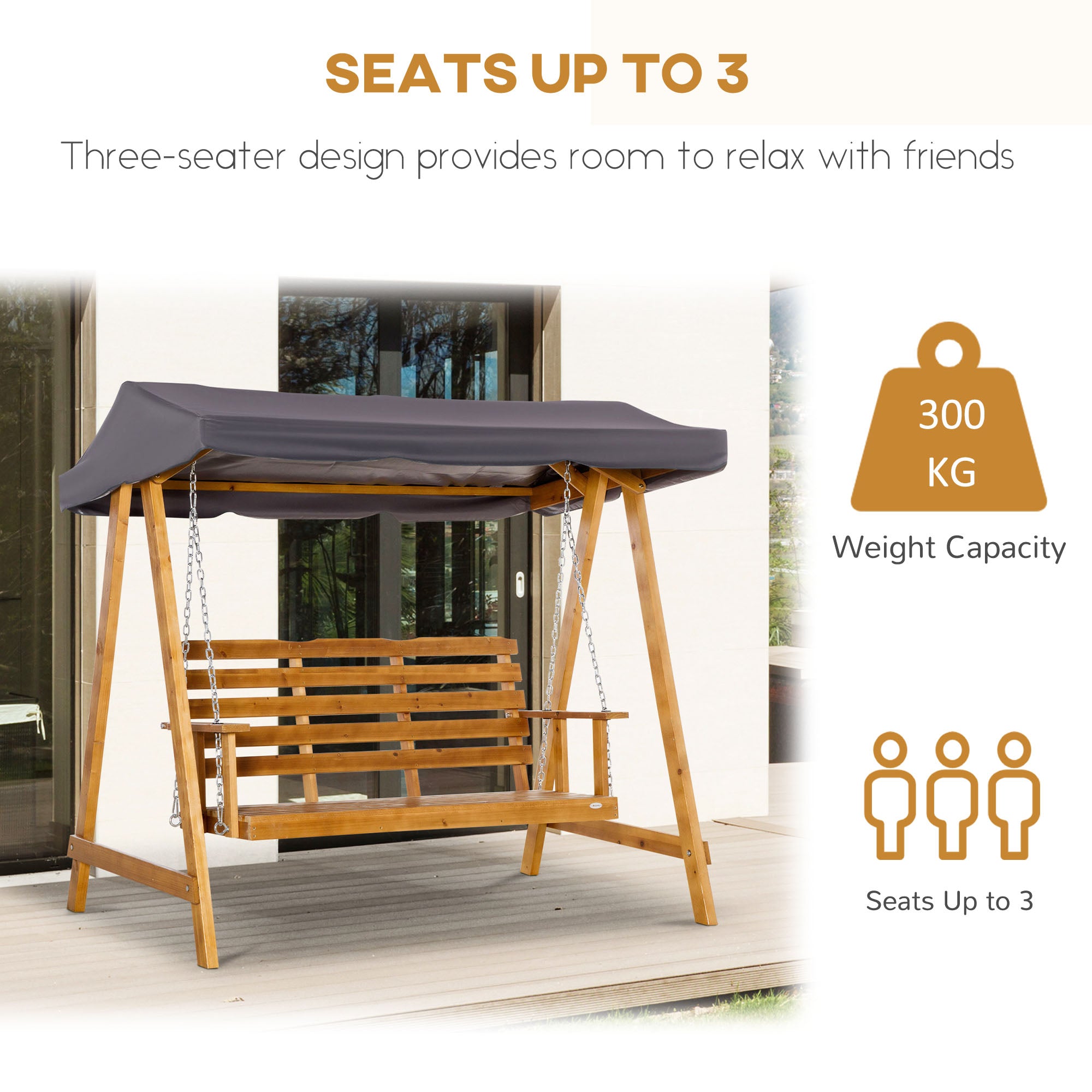 Outsunny 3 Seater Garden Swing Seat Swing Chair Outdoor Wooden Swing Bench Hammock with Adjustable Canopy - North Peak Garden Furniture