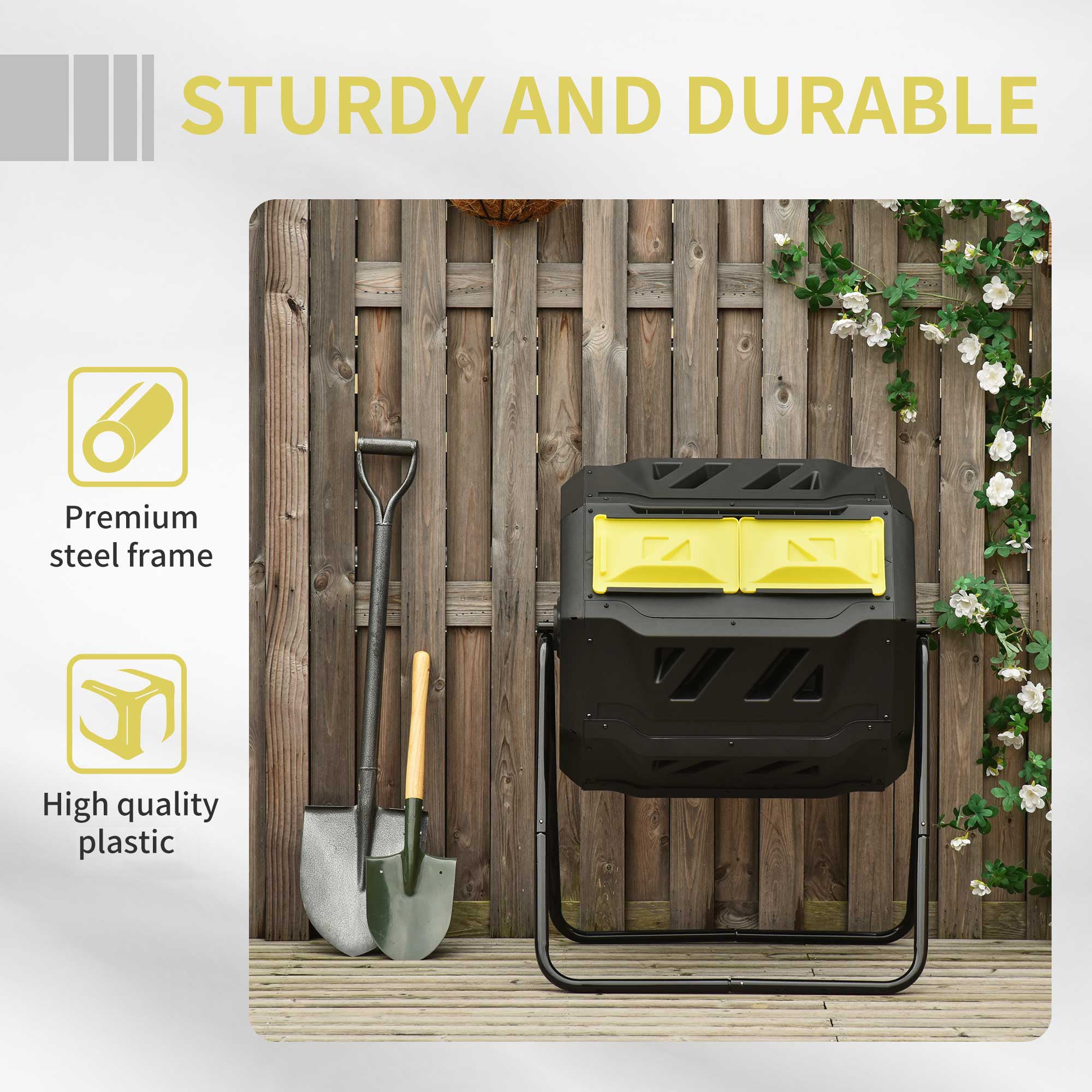 Outsunny 160L Tumbling Compost Bin Outdoor Dual Chamber 360° Rotating Composter, Garden Compost Bin w/ Sliding Doors & Solid Steel Frame, Yellow - North Peak Garden Furniture