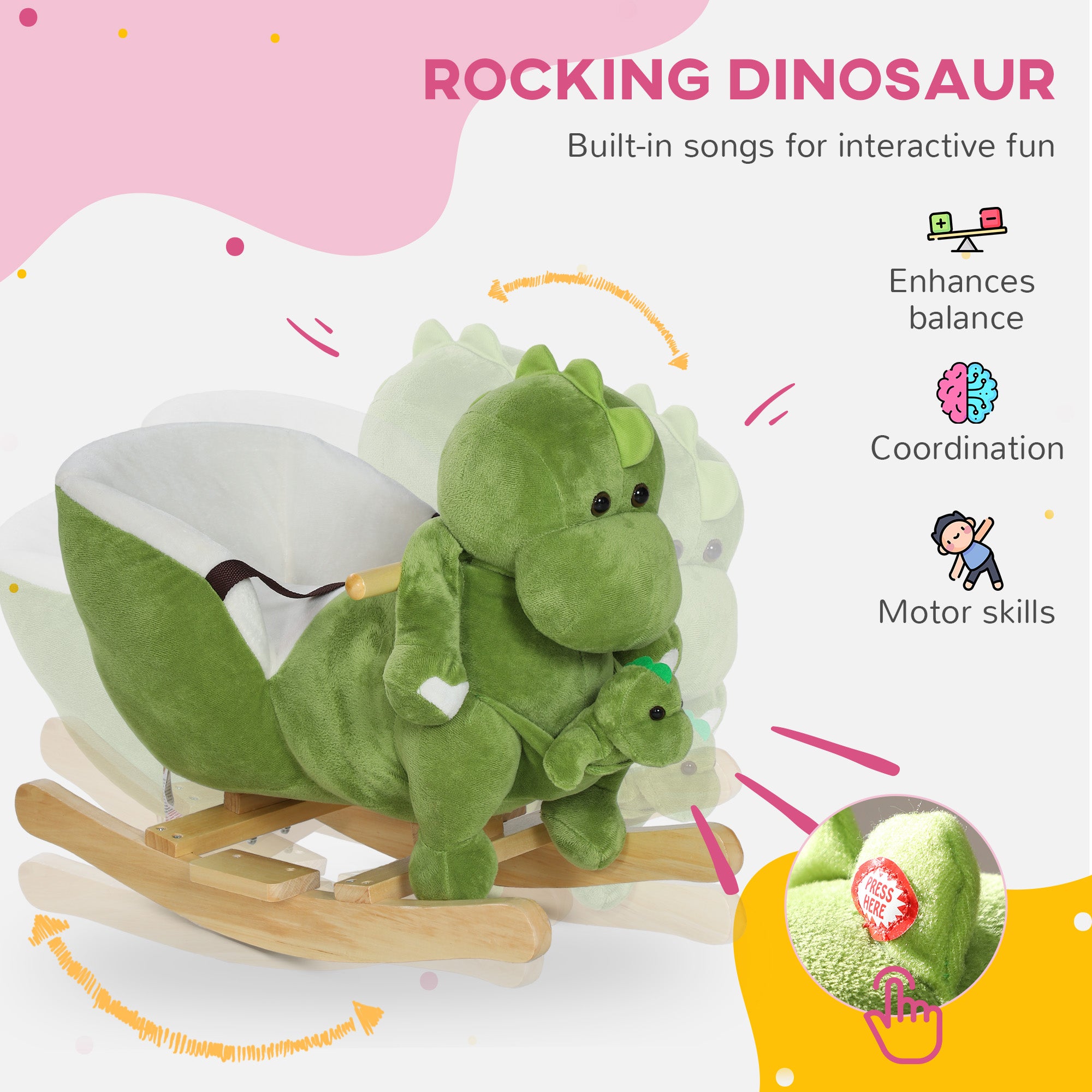AIYAPLAY Dinosaur-Shaped Baby Rocking Horse w/ Safety Belt, 32 Songs - North Peak Garden Furniture