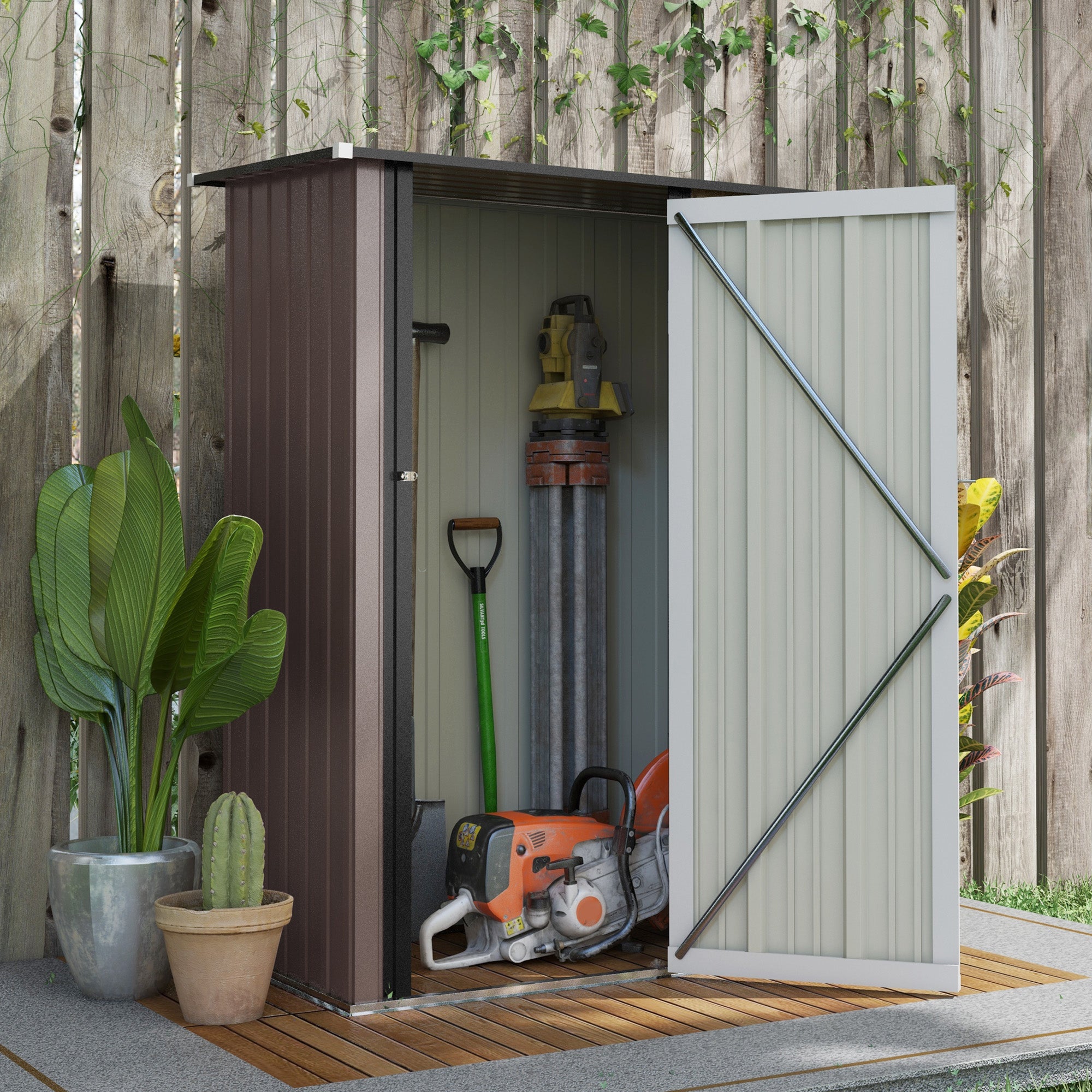 Outsunny 5ft x 3ft Garden Metal Storage Shed, Outdoor Tool Shed with Sloped Roof, Lockable Door for Tools, Equipment, Brown - North Peak Garden Furniture