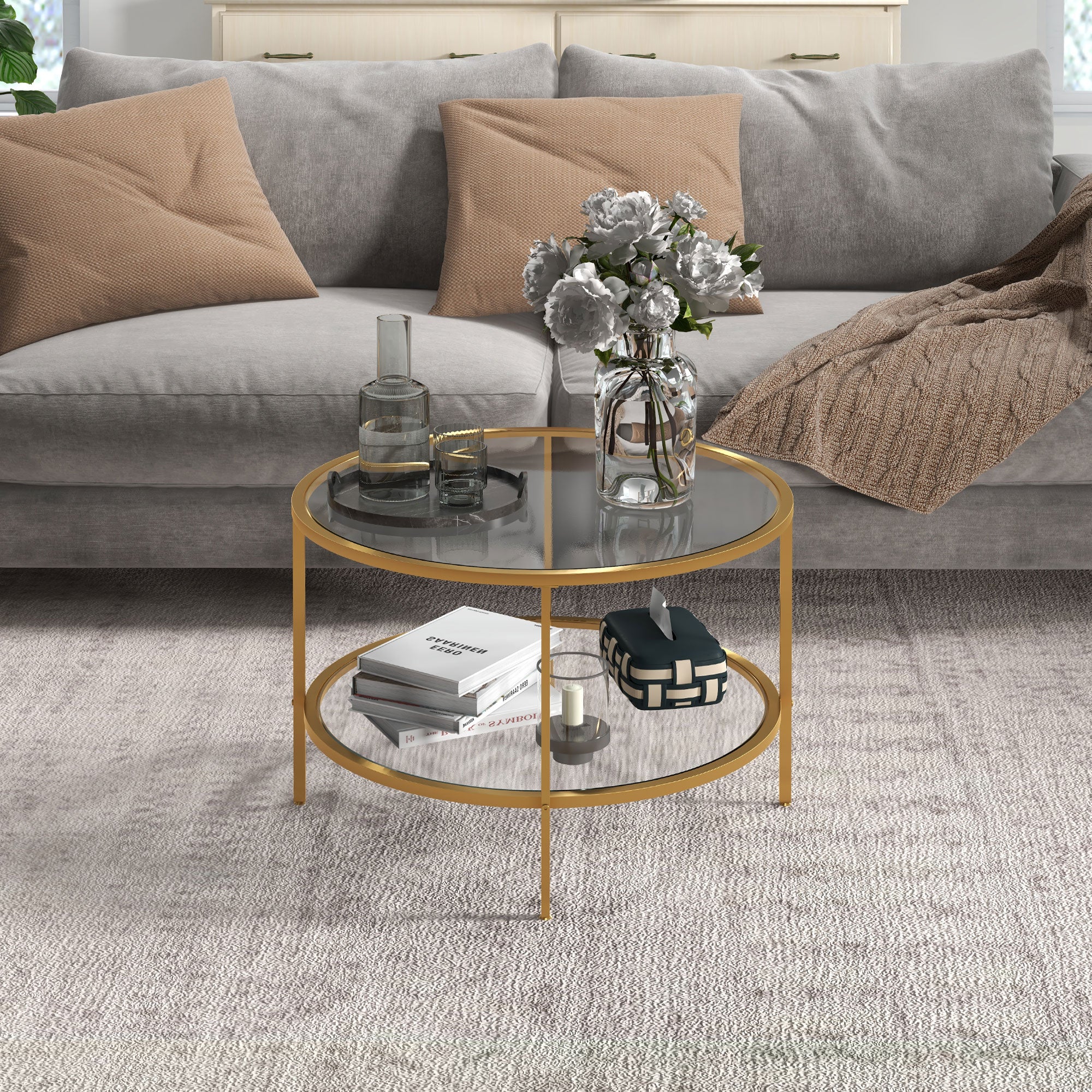 HOMCOM Round Coffee Table with Storage, 2-Tier Tempered Glass Coffee Table with Steel Frame for Living Room, Gold Tone - North Peak Garden Furniture