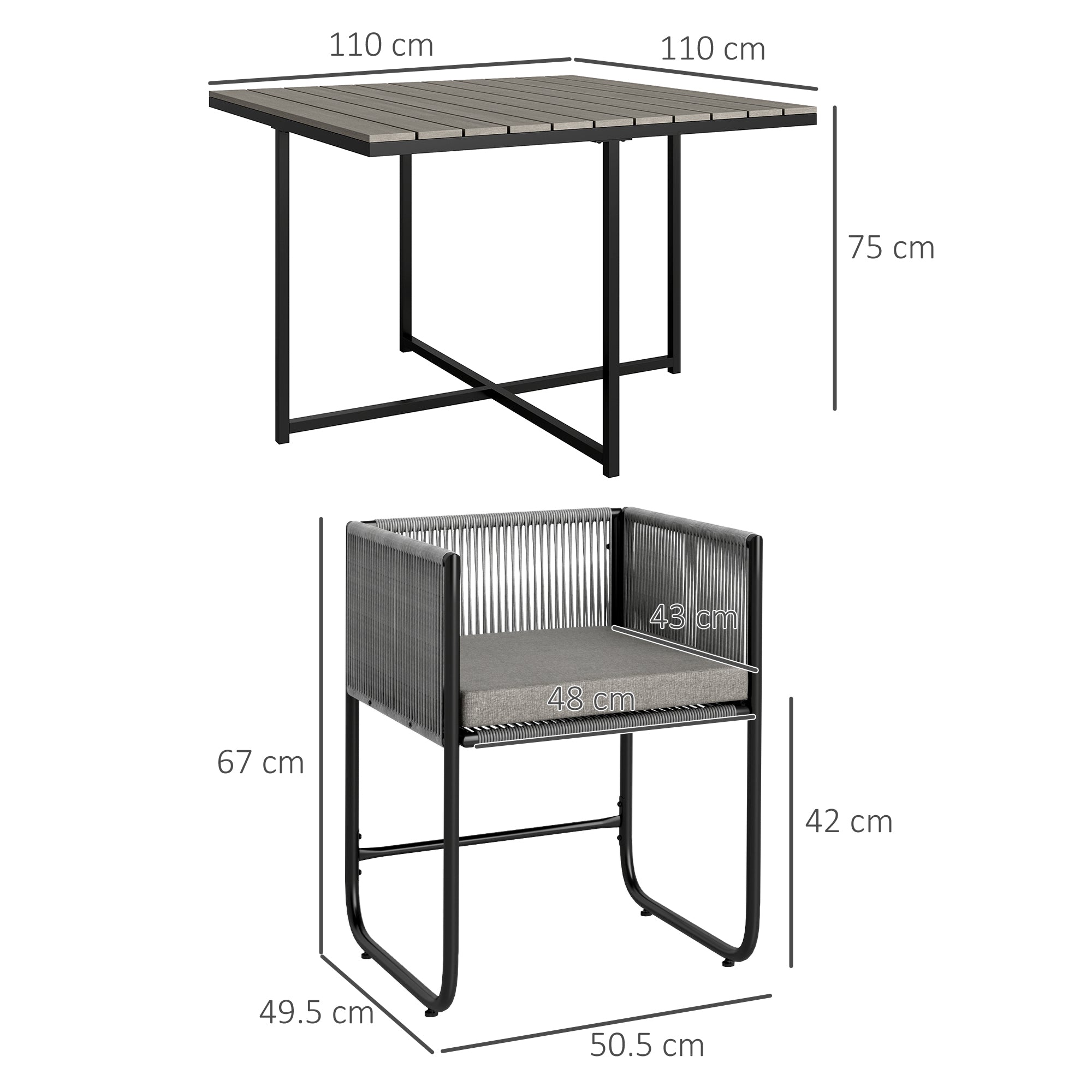 Outsunny 4 Seater Rattan Cube Garden Furniture Set, Rattan Dining Set with Cushions, Outdoor Dining Table and Chairs with Rectangular Wood Grain Plastic Top Table for Patio, Balcony, Grey - North Peak Garden Furniture
