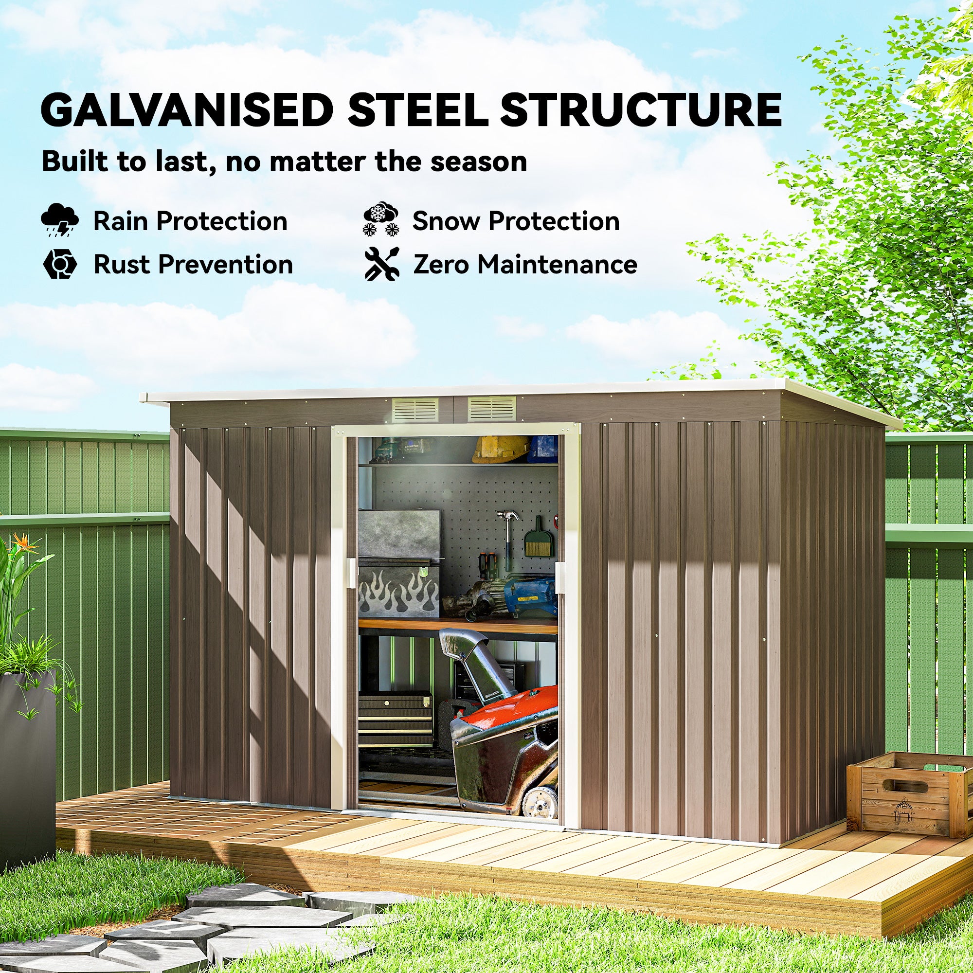 Outsunny 9ft x 4ft Metal Garden Shed, Outdoor Tool House with Foundation Kit, Ventilations and Double Doors, Light Grey Wood Grain