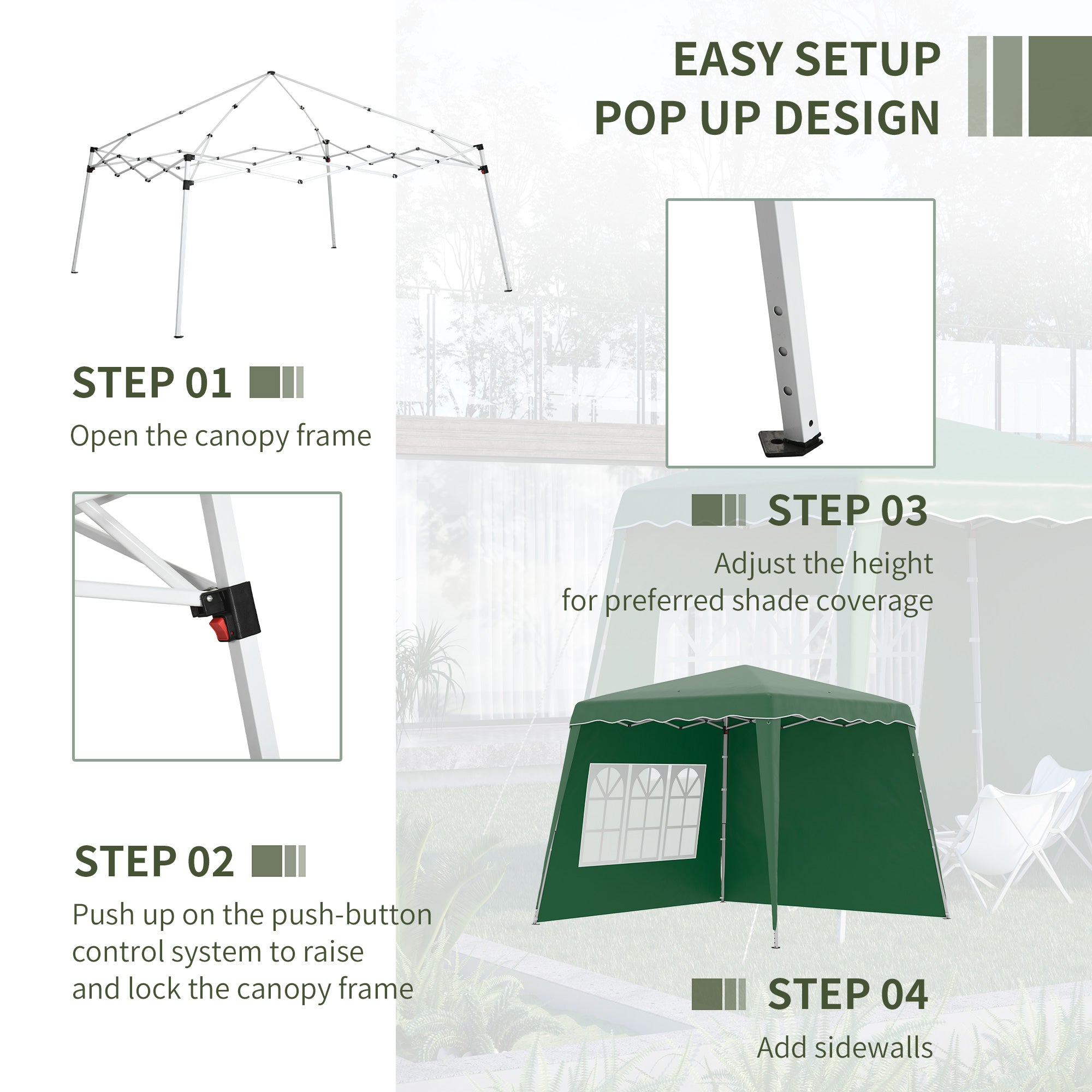 Outsunny Pop Up Gazebo Canopy Tent with 2 Sidewalls and Carry Bag, Height Adjustable, UV50+ Party Tent Event Shelter for Garden, Patio, 2.4 x 2.4m Top / 2.9 x 2.9m Base, Green - North Peak Garden Furniture