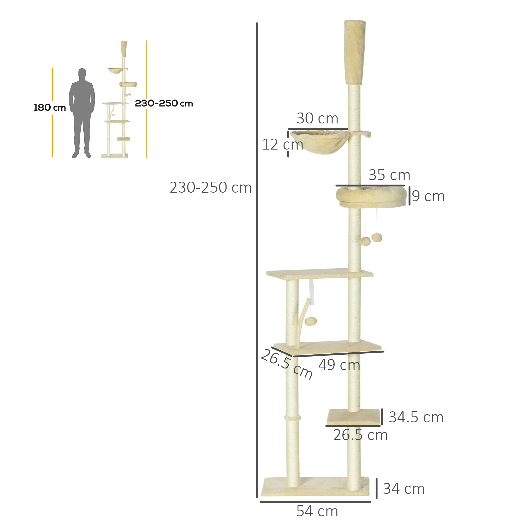 PawHut Floor to Ceiling Cat Tree for Indoor Cats, 6-Tier Play Tower Climbing Activity Center with Scratching Post, Platforms, Bed, Hammock, Adjustable Height 230-250cm, Beige - North Peak Garden Furniture