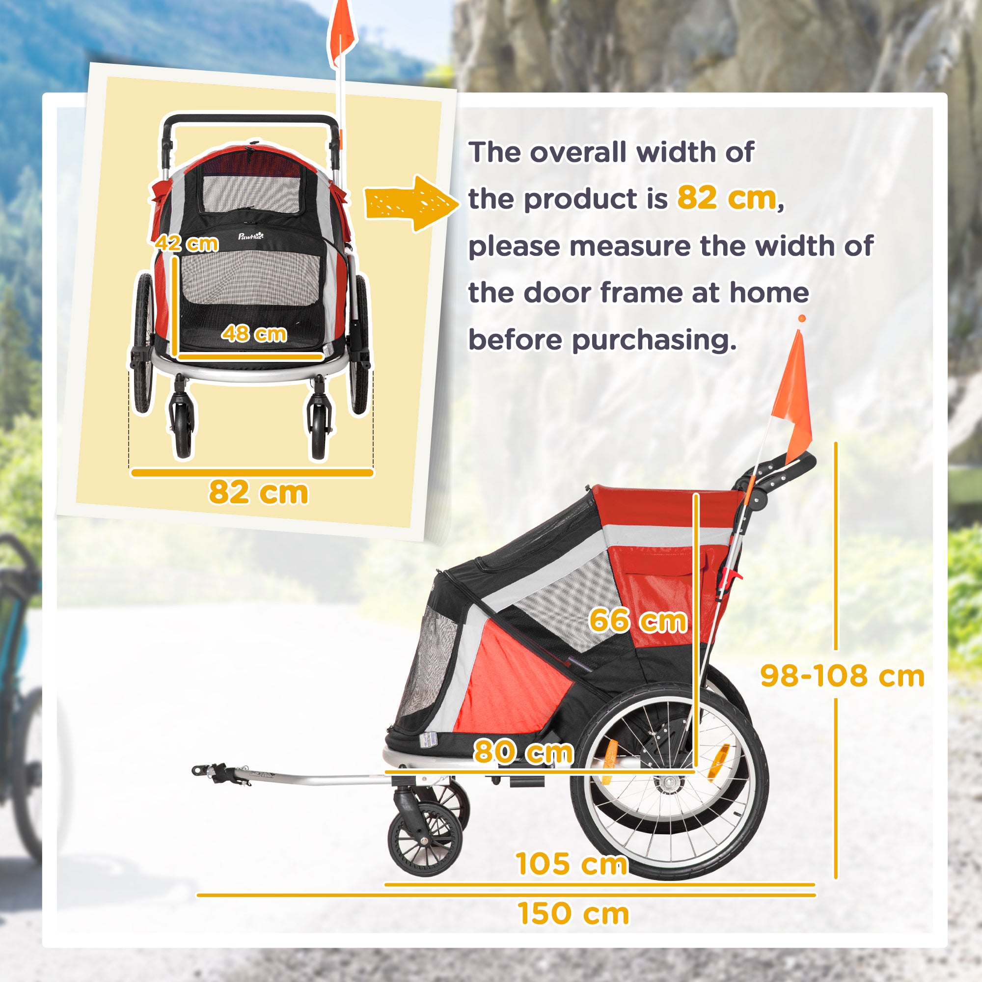 PawHut Dog Bike Trailer 2-in-1 Pet Stroller for Large Dogs Cart Foldable Bicycle Carrier Aluminium Frame with Safety Leash Hitch Coupler Reflector Flag Red