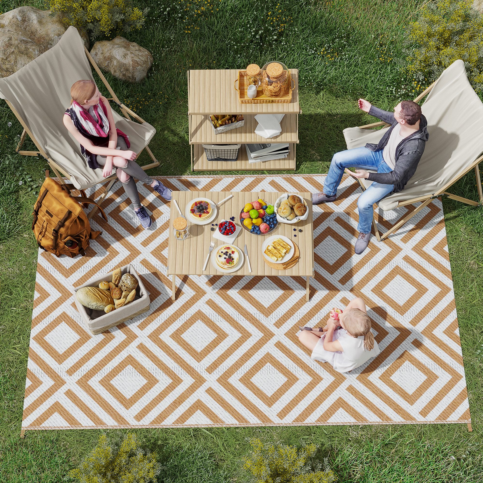 Outsunny Reversible Outdoor Rug, Plastic Straw Mat w/ Carry Bag Ground Stakes for Garden RV Picnic Beach Camping 182x274cm Brown - North Peak Garden Furniture