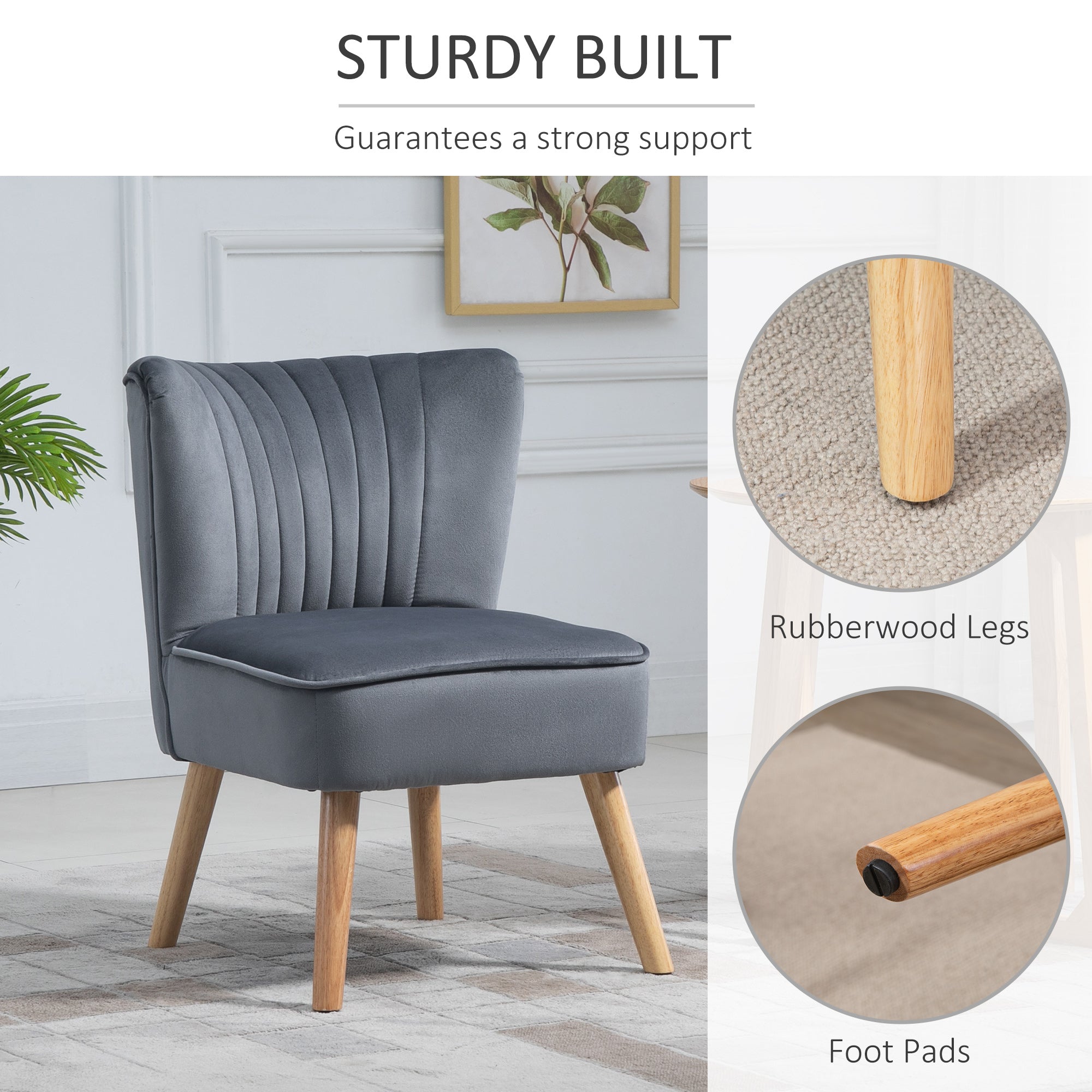 HOMCOM Modern Accent Chair, Fabric Living Room Chair with Rubber Wood Legs and Thick Padding, Grey - North Peak Garden Furniture