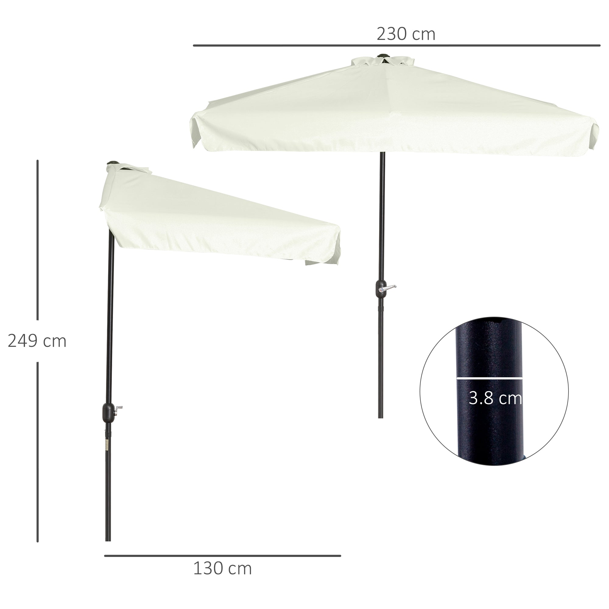 Outsunny 2.3m Half Parasol Semi Round Umbrella Patio Metal Frame Crank Handle for Balcony-- NO BASE INCLUDED, Off-White - North Peak Garden Furniture