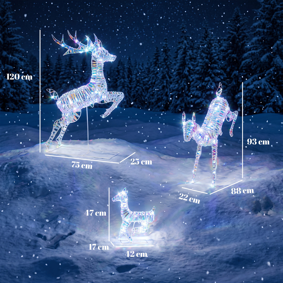 Outsunny 3-Piece Lighted Reindeer Family Set, Iridescent Outdoor Christmas Decoration, Deer Family with 8 Modes, Daily Timer