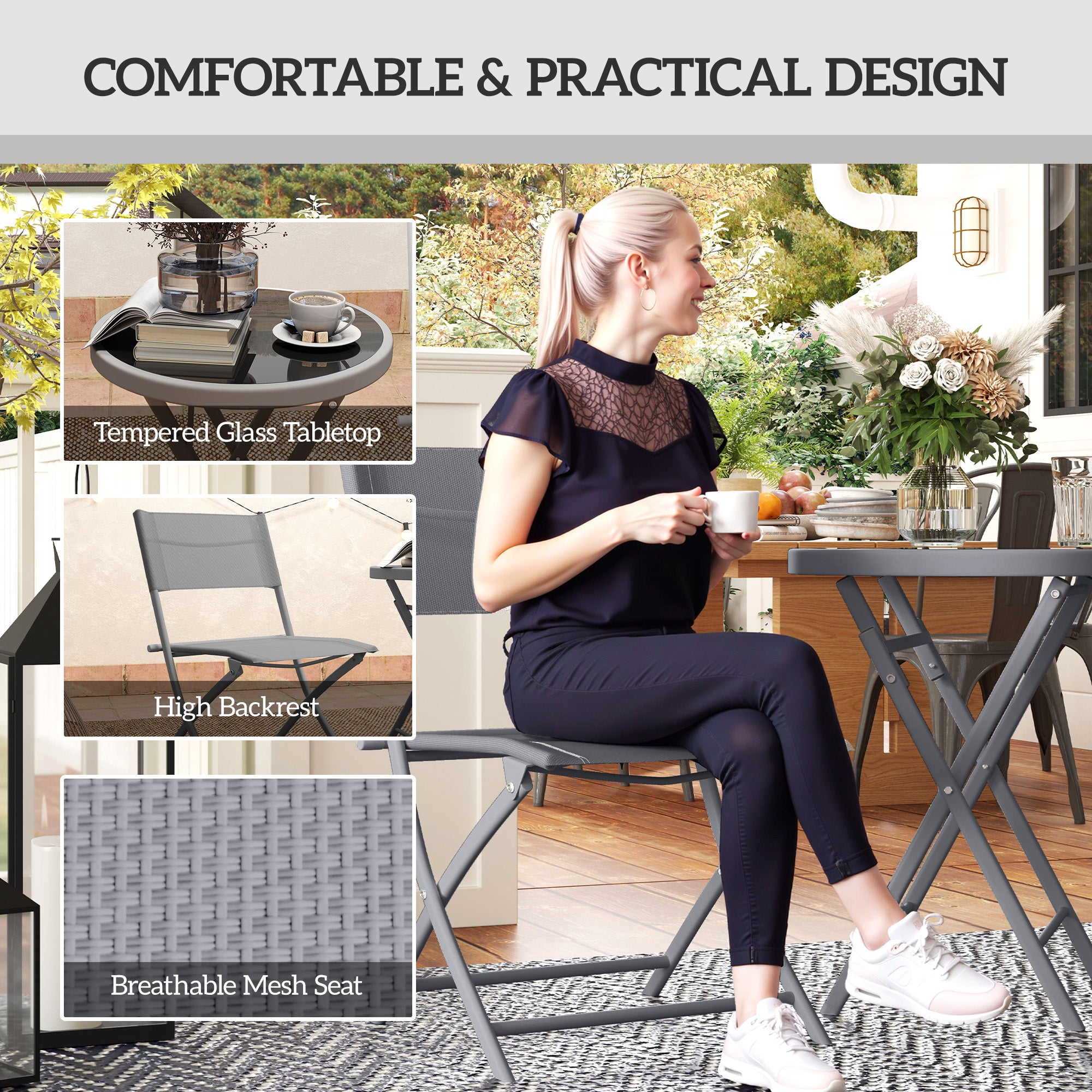 Outsunny 3 Pieces Outdoor Bistro Set, Glass Top Outdoor Table and 2 Folding Chairs with Protecting Feet, Grey - North Peak Garden Furniture