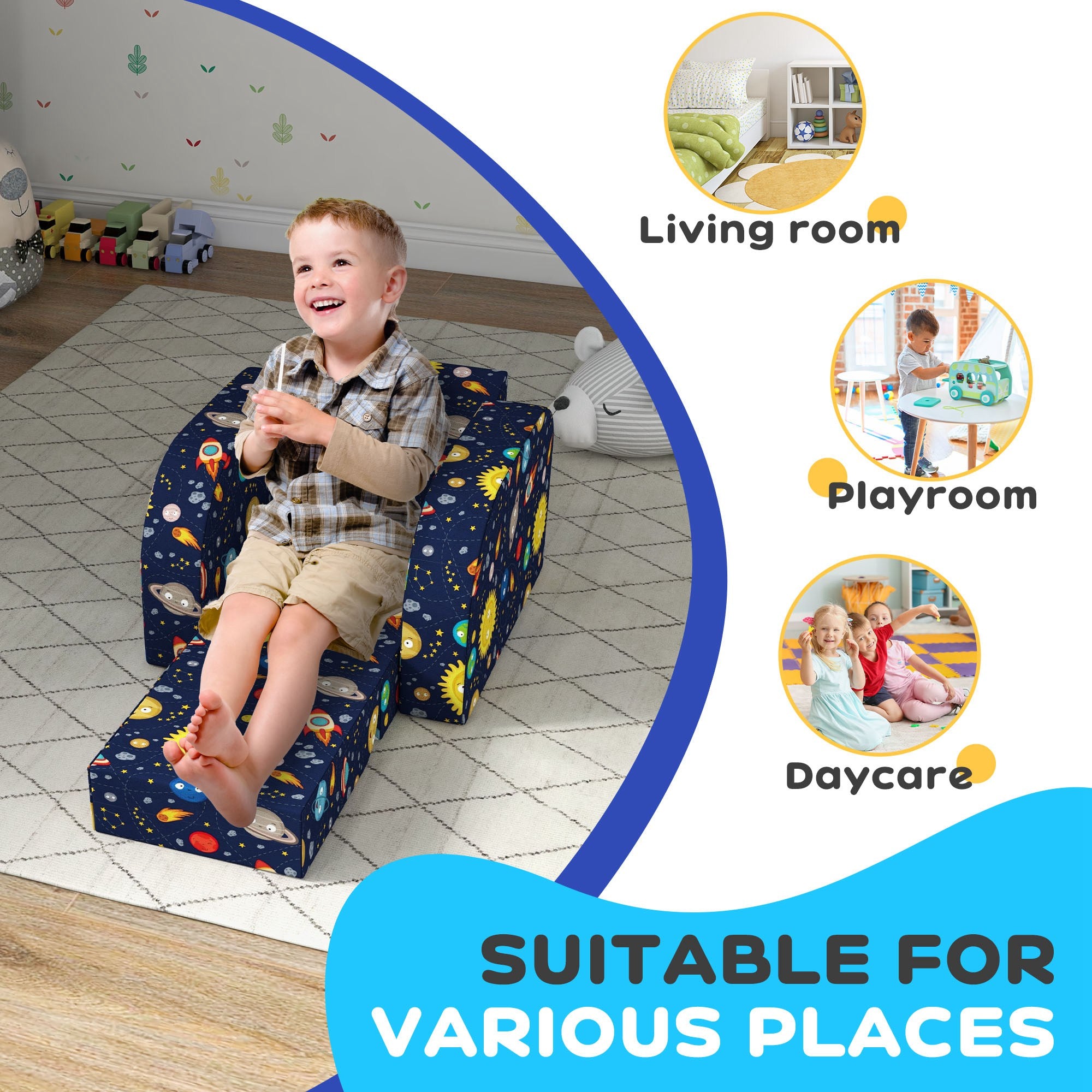 AIYAPLAY Foldable Toddler Chair Soft Snuggle Sponge Filled for Bedroom Playroom, Aged 18 Months to 3 Years - Dark Blue - North Peak Garden Furniture