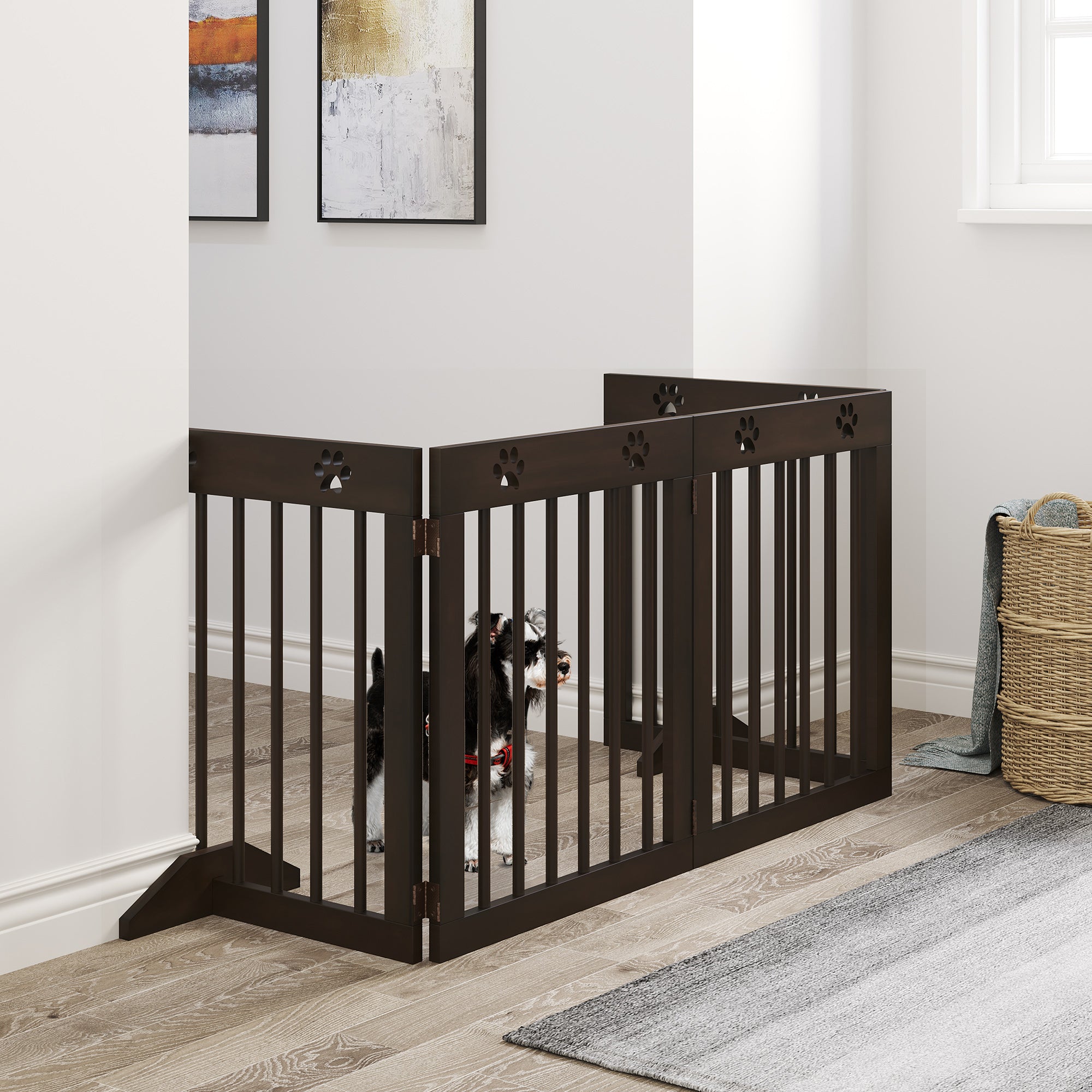 PawHut Freestanding Pet Gate 4 Panel Wooden Dog Barrier Folding Safety Fence with Support Feet up to 204cm Long 61cm Tall for Doorway Stairs Brown - North Peak Garden Furniture