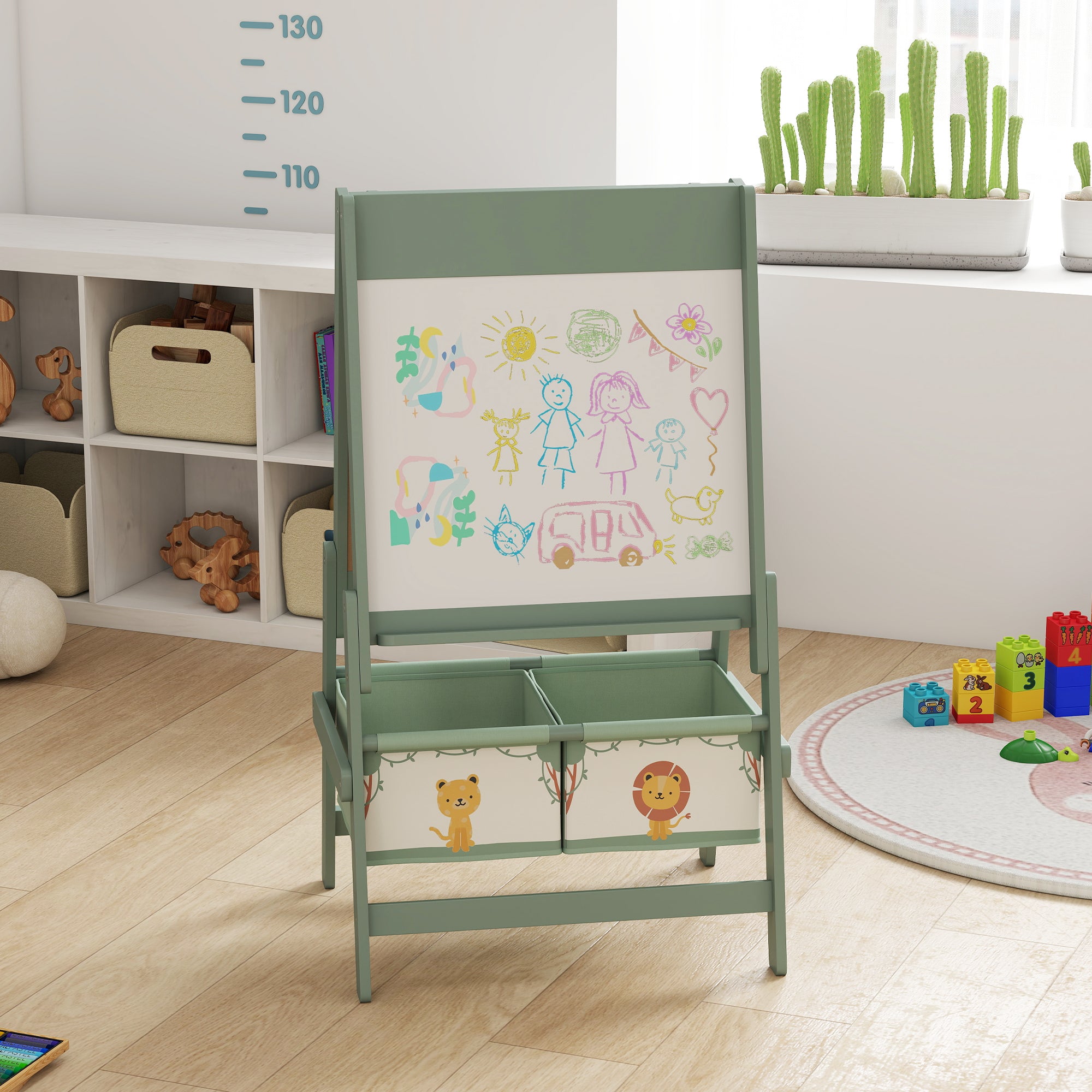 AIYAPLAY Art Easel for Kids, Double-Sided Whiteboard/Blackboard with Paper Roll, Two Storage Boxes, for Ages 3-8 Years, Green