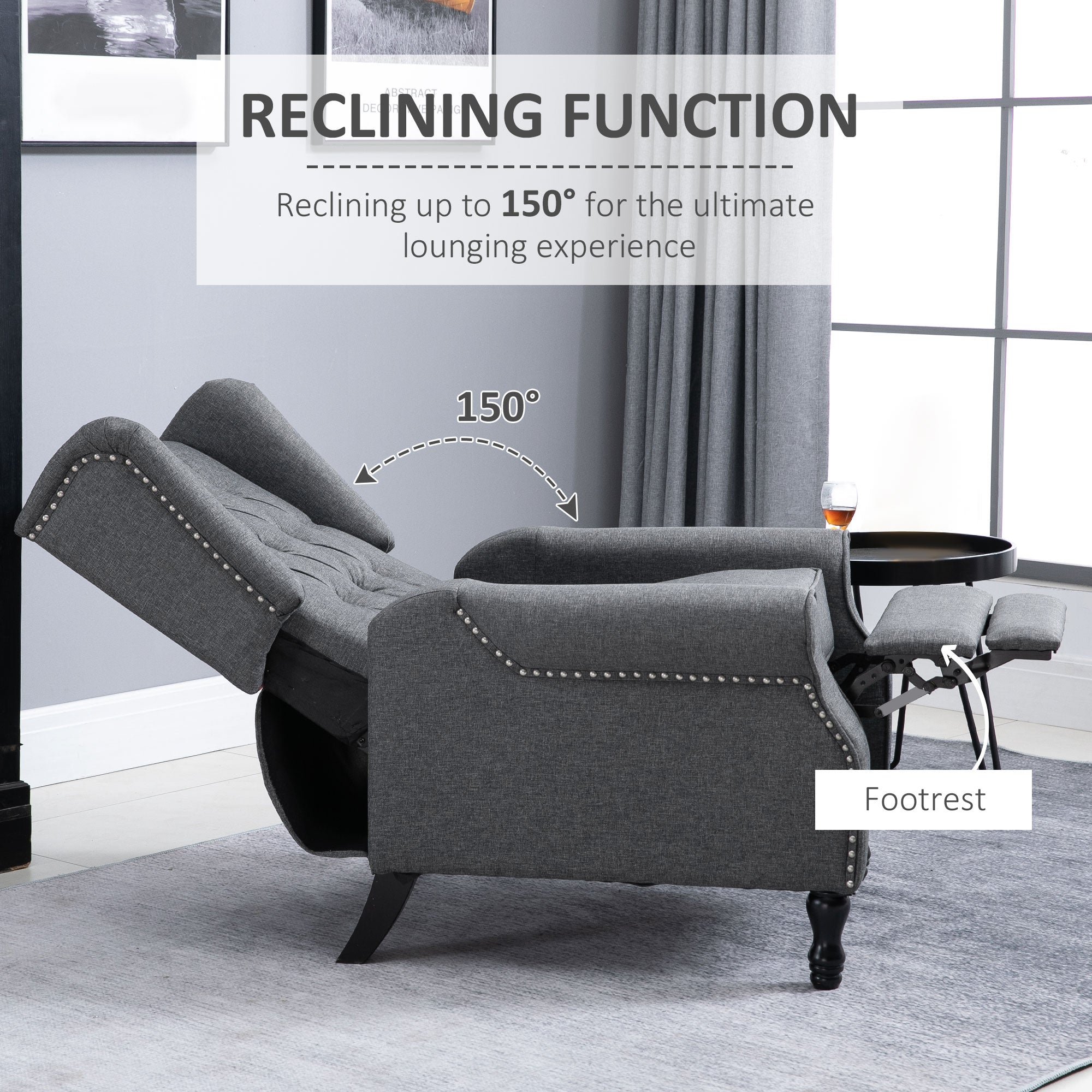 HOMCOM Recliner Armchair, Vintage Reclining Chair with Nail Head Trim, Wingback Chair with Button Tufted Back and Footrest, for Living Room, Light Grey - North Peak Garden Furniture