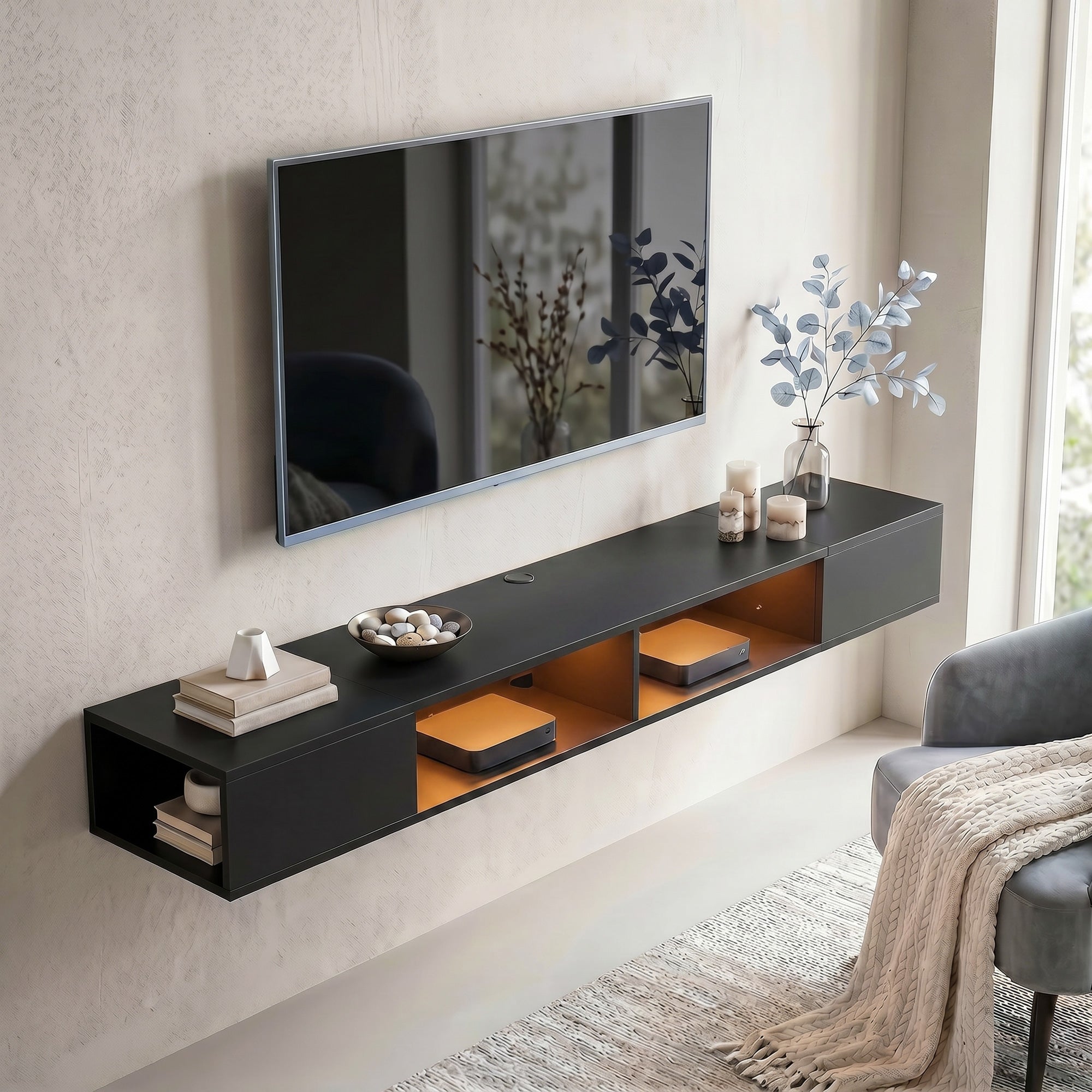 HOMCOM Wall Mounted TV Stand with RGB LED Lights, Floating Entertainment Centre for 75 Inch TV, Black