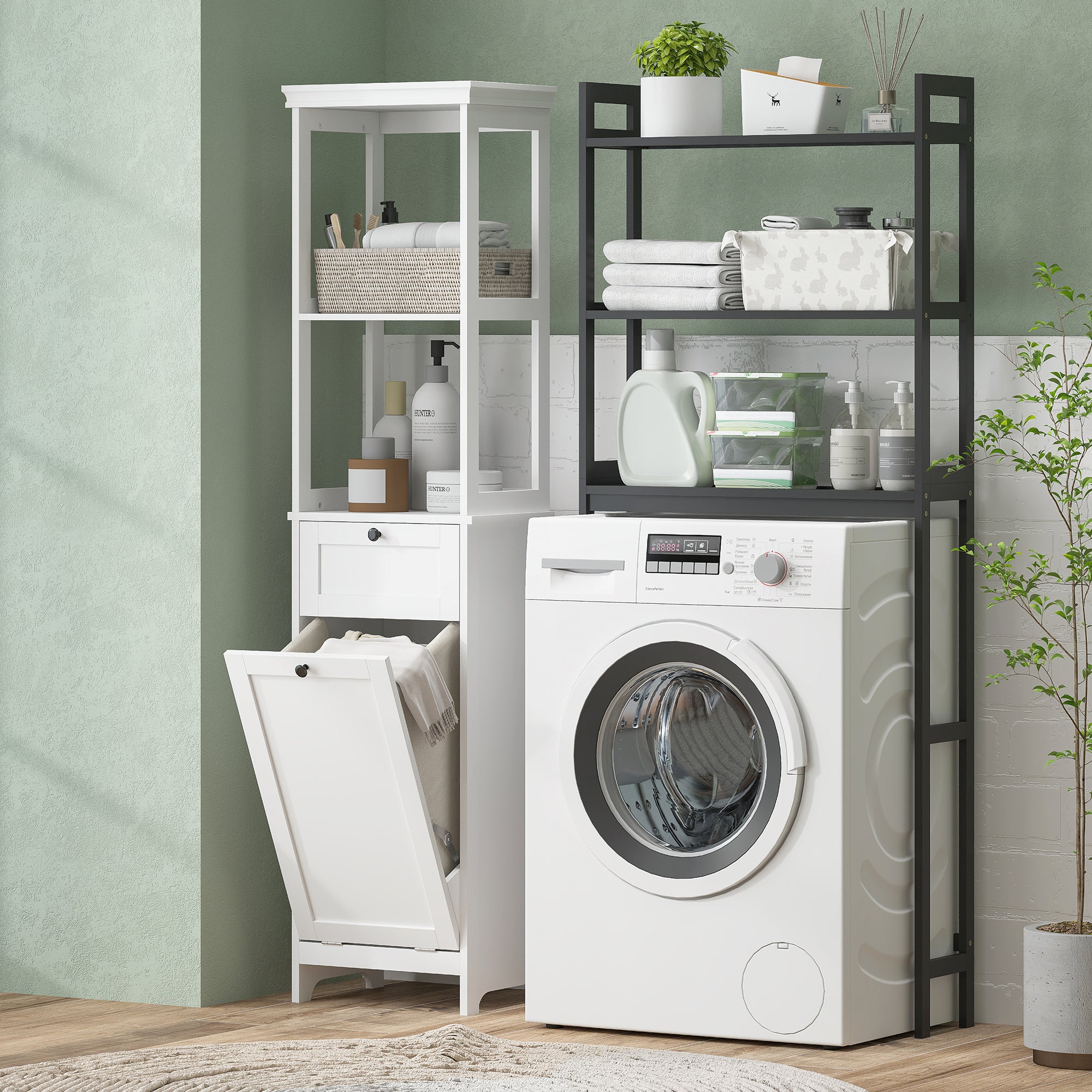 HOMCOM Tall Bathroom Cabinet with Tilt-Out Laundry Basket - White - North Peak Garden Furniture
