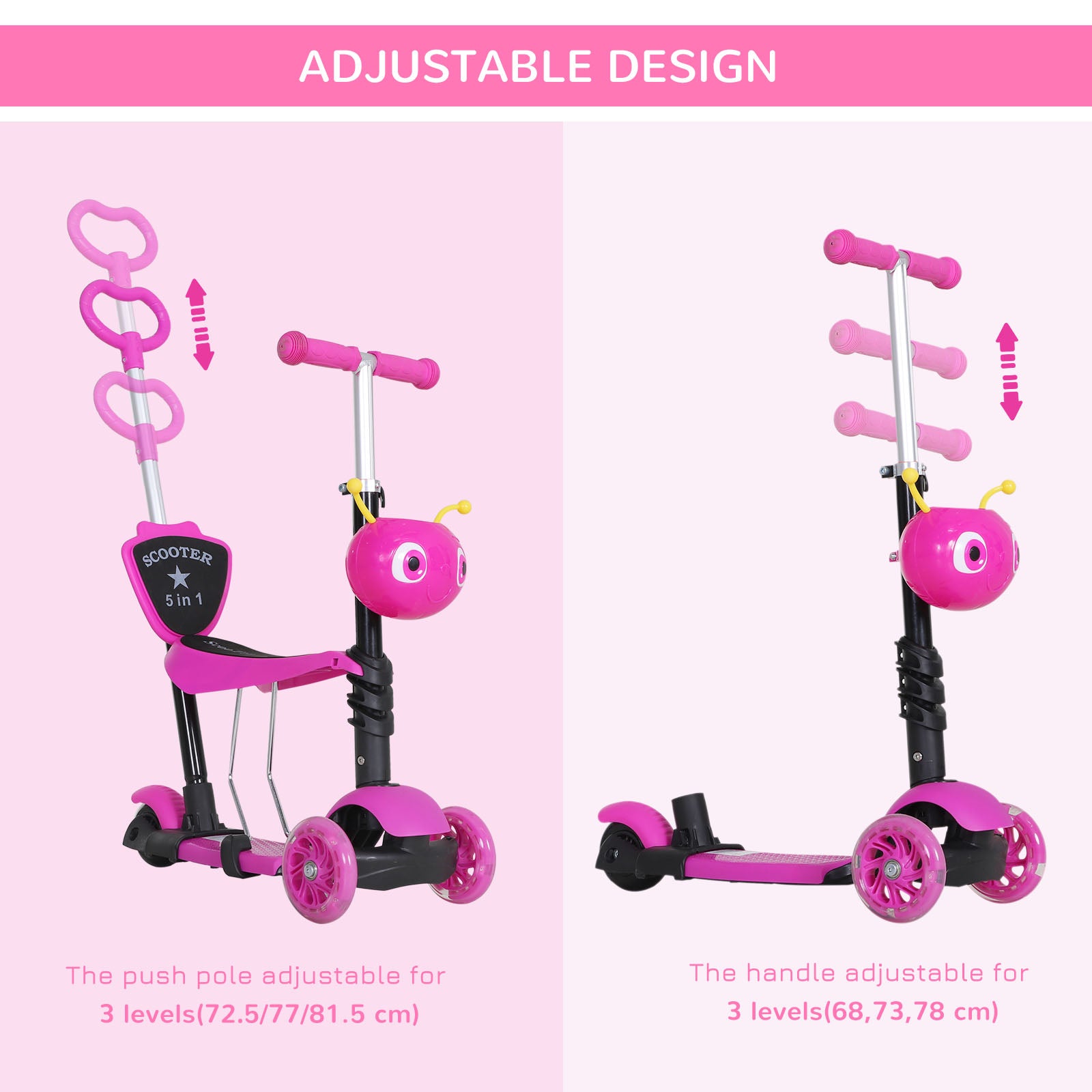 HOMCOM 5-in-1 Kids Toddler 3 Wheels Mini Kick Scooter Push Walker with Removable Seat & Back Rest for Girls and Boys Pink - North Peak Garden Furniture