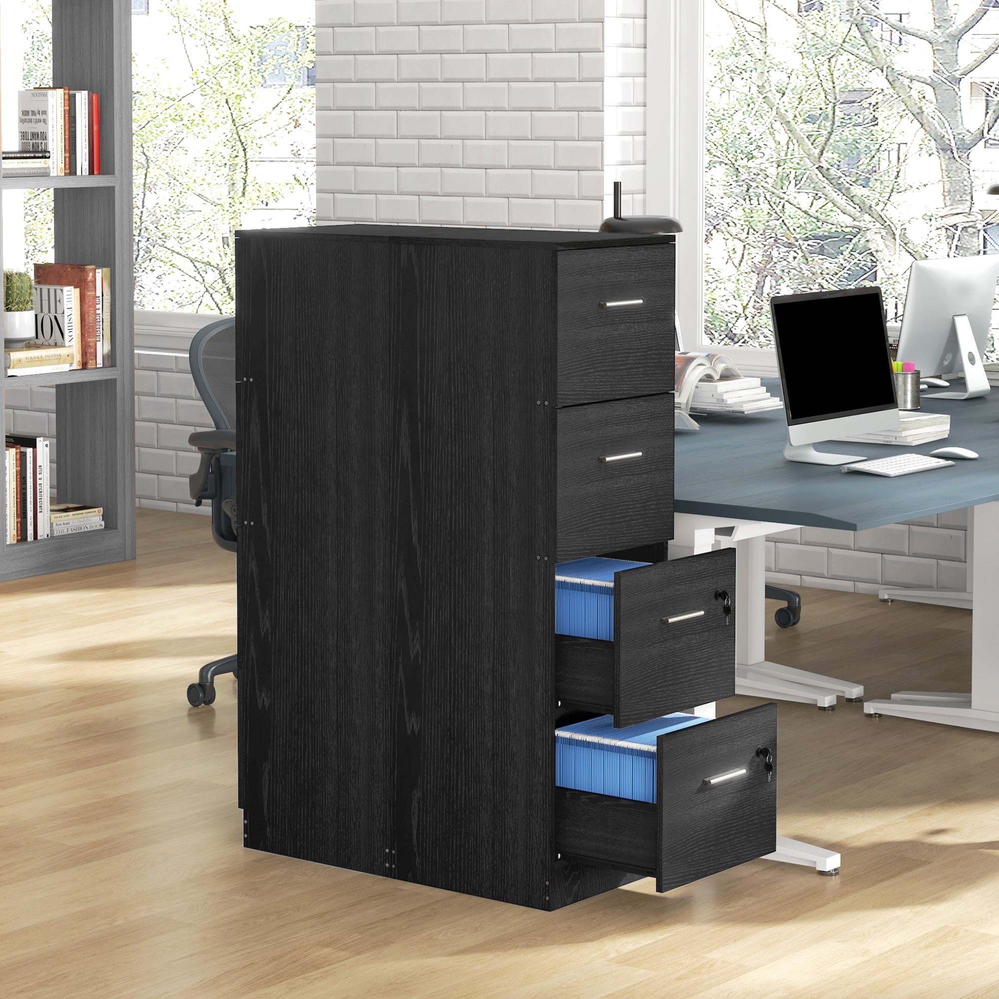 HOMCOM Four-Drawer Lockable Filing Cabinet - Black Wood Effect - North Peak Garden Furniture