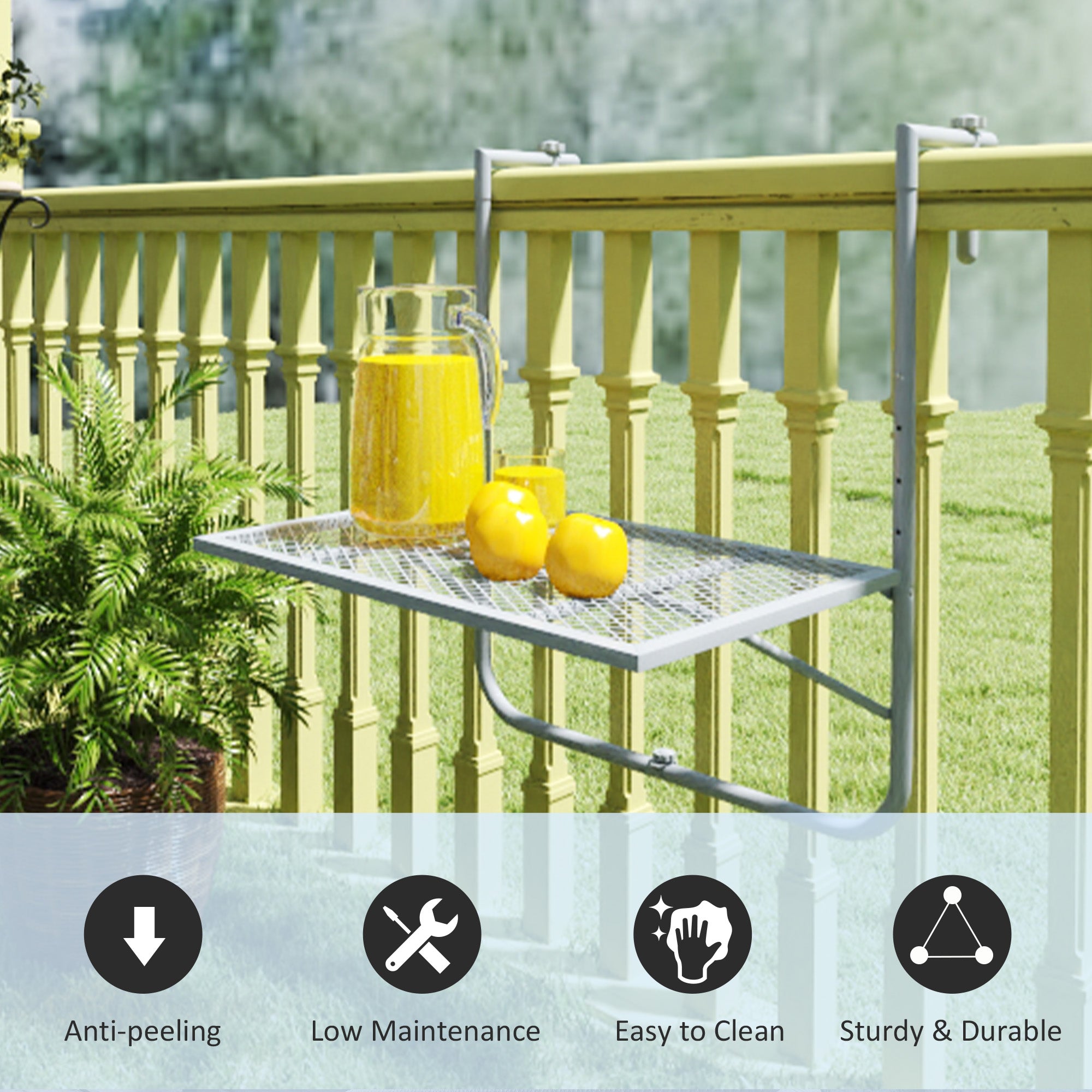 Outsunny Balcony Hanging Table, Metal Wall Mount Desk, Adjustable Folding Balcony Deck Table for Patio and Garden, Grey - North Peak Garden Furniture