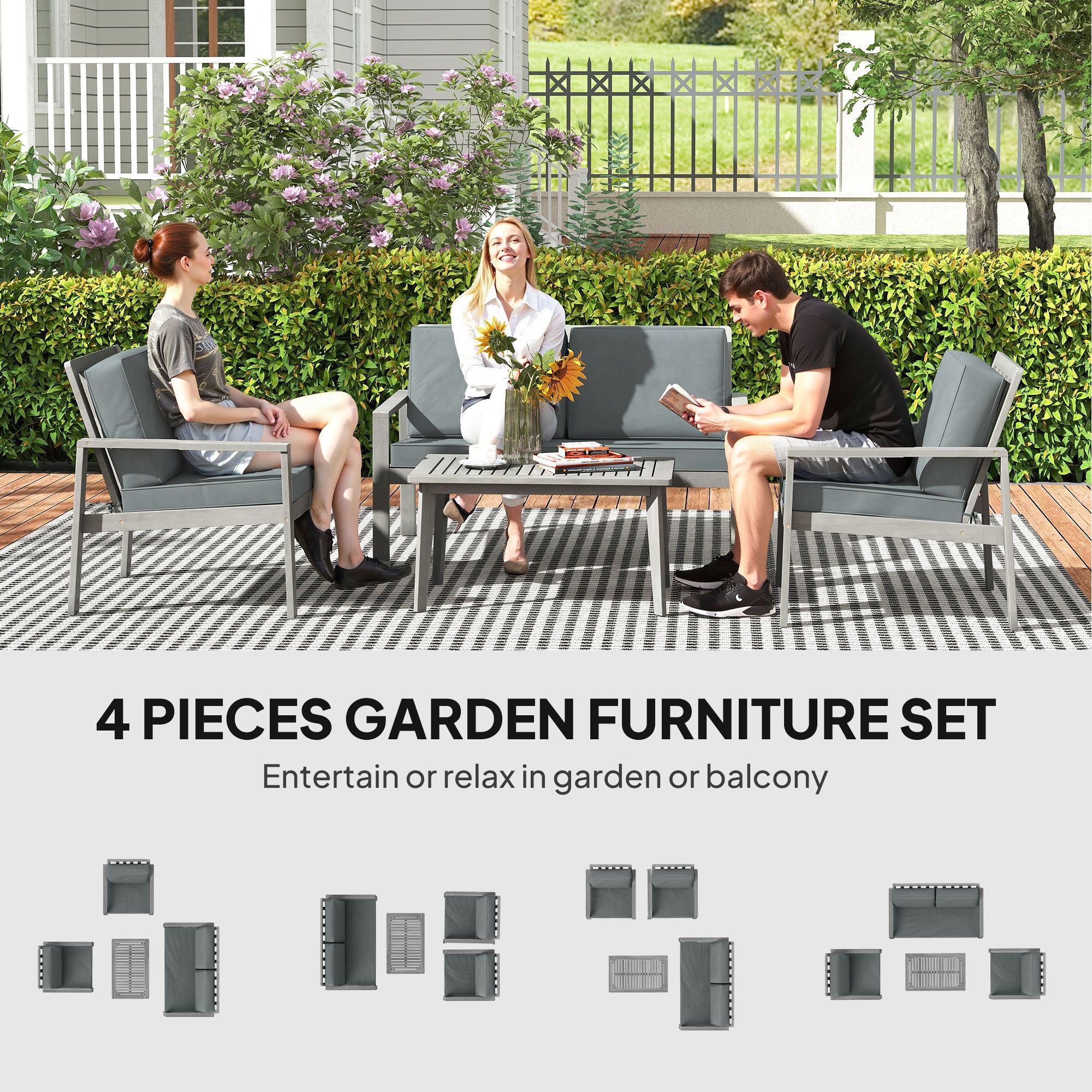Outsunny 4-Piece Wooden Garden Furniture Set with Cushions - Light Grey - North Peak Garden Furniture