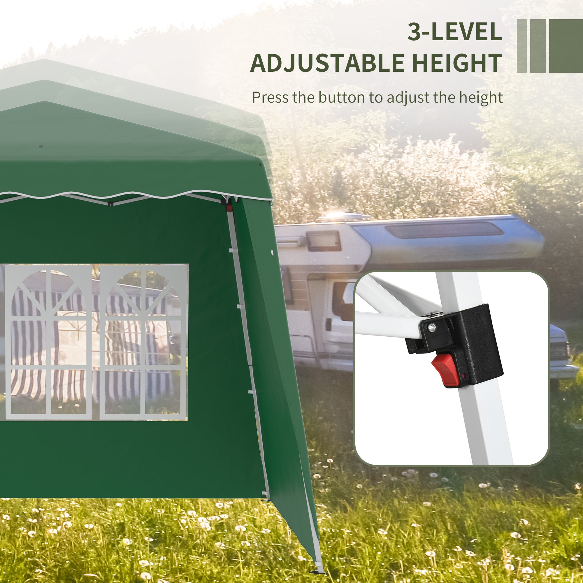 Outsunny Pop Up Gazebo Canopy Tent with 2 Sidewalls and Carry Bag, Height Adjustable, UV50+ Party Tent Event Shelter for Garden, Patio, 2.4 x 2.4m Top / 2.9 x 2.9m Base, Green - North Peak Garden Furniture