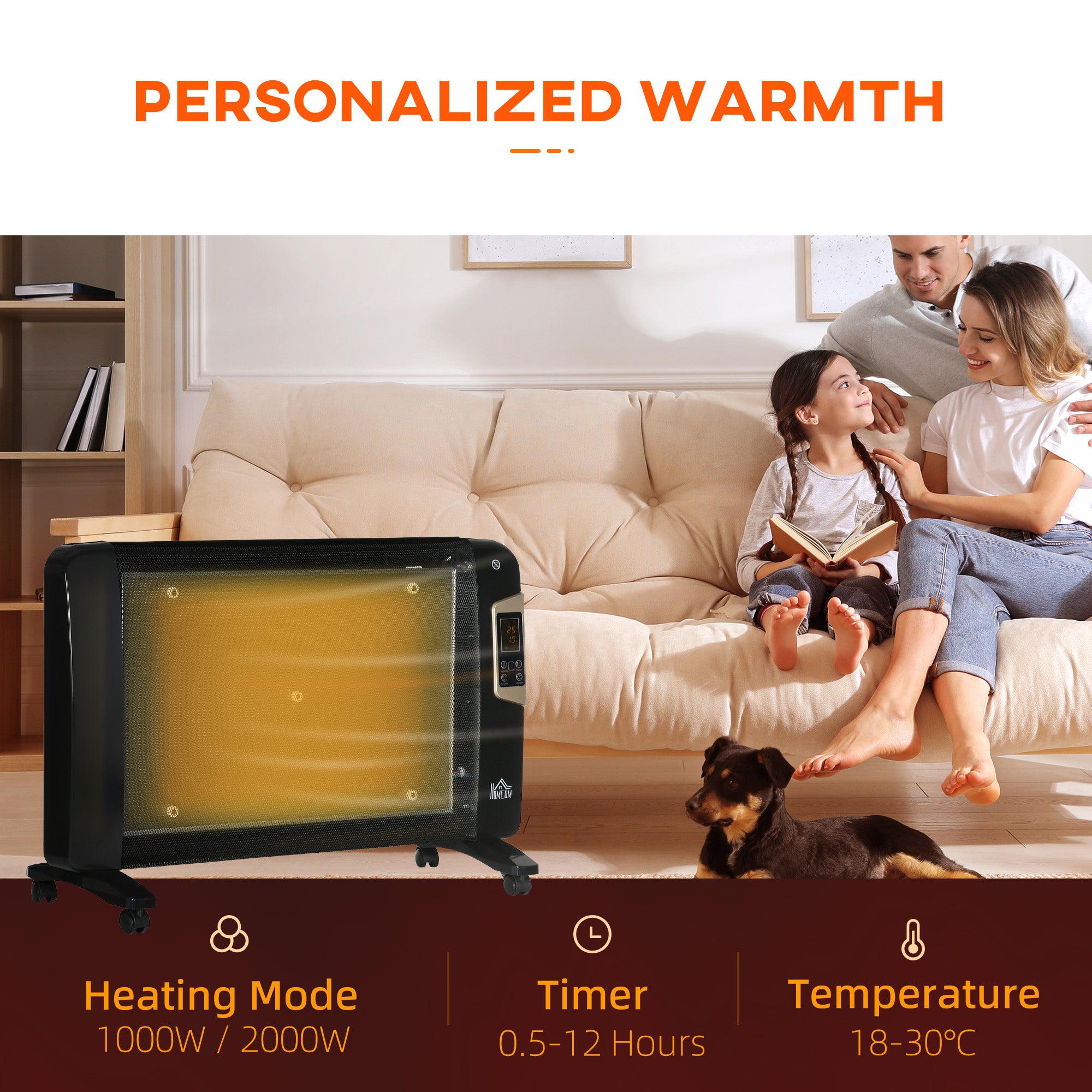HOMCOM Mica Electric Space Heater, Portable Heater for Home with 2 Heat Settings, Living Room, Study, Garage, Adjustable Temperature 18-30°C, 1000W/2000W, Black - North Peak Garden Furniture