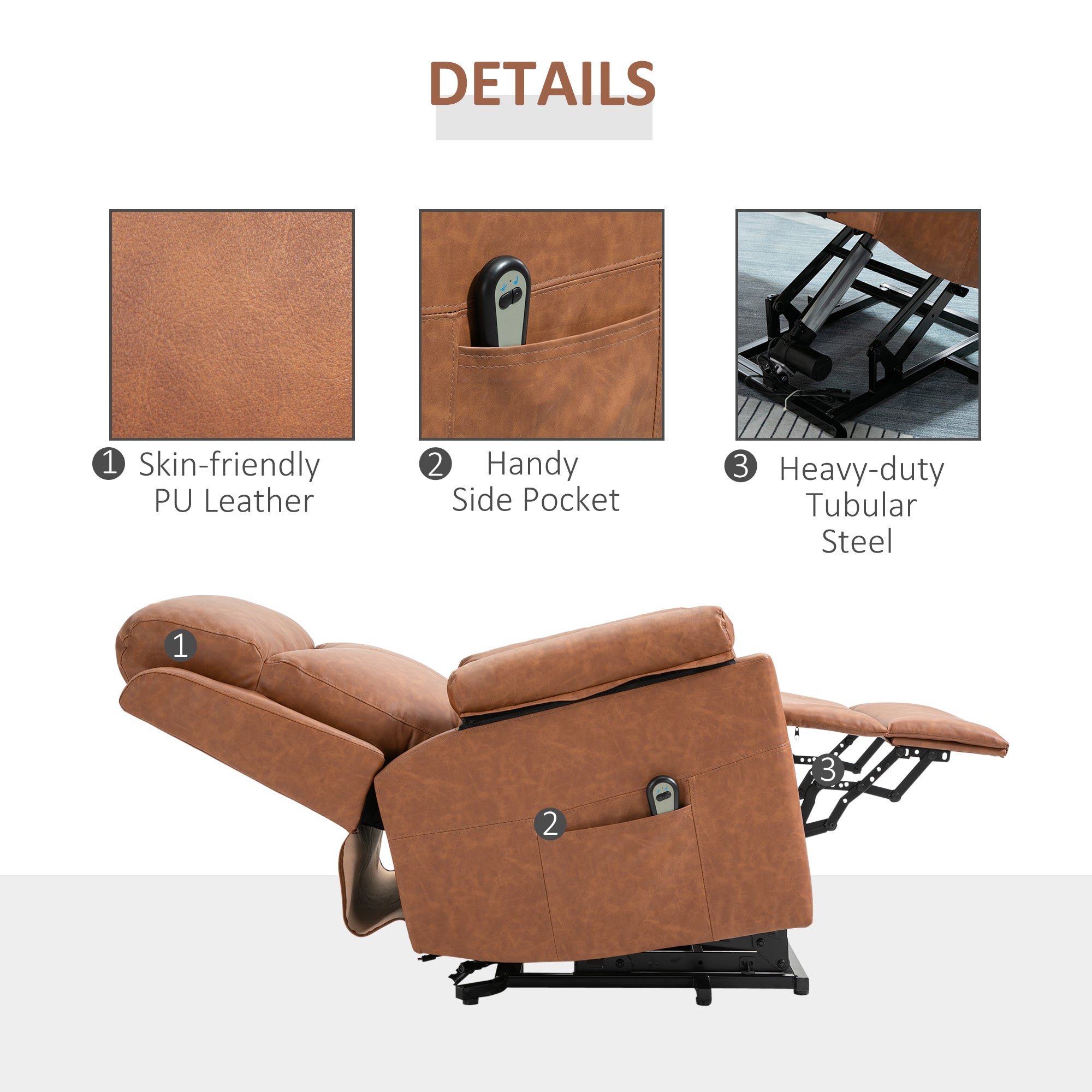 HOMCOM Faux Leather 70° Electric Riser Recliner Chair - Brown - North Peak Garden Furniture