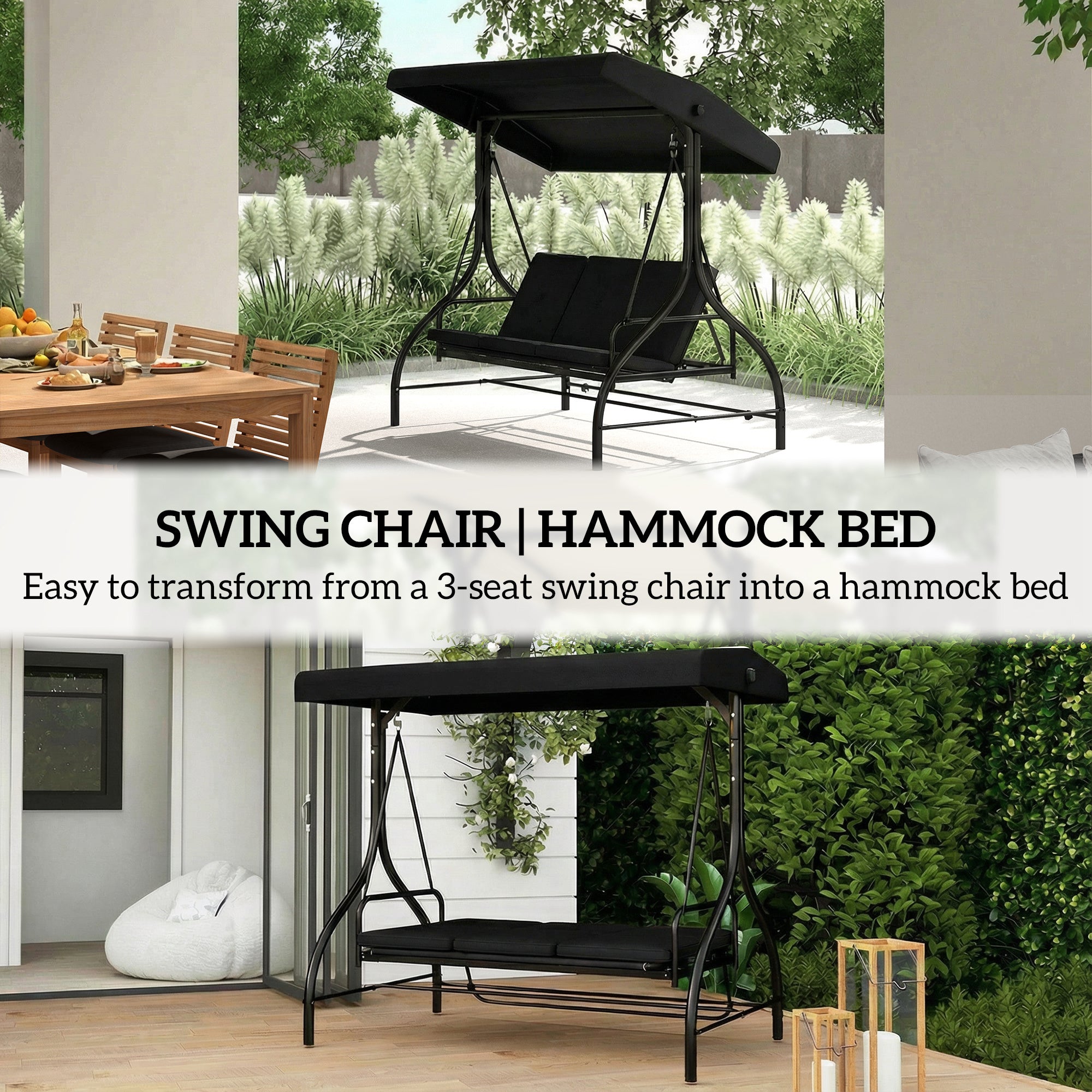 Outsunny 3 Seater Canopy Swing Chair, 2 in 1 Garden Swing Seat Bed, with Adjustable Canopy and Metal Frame, Black