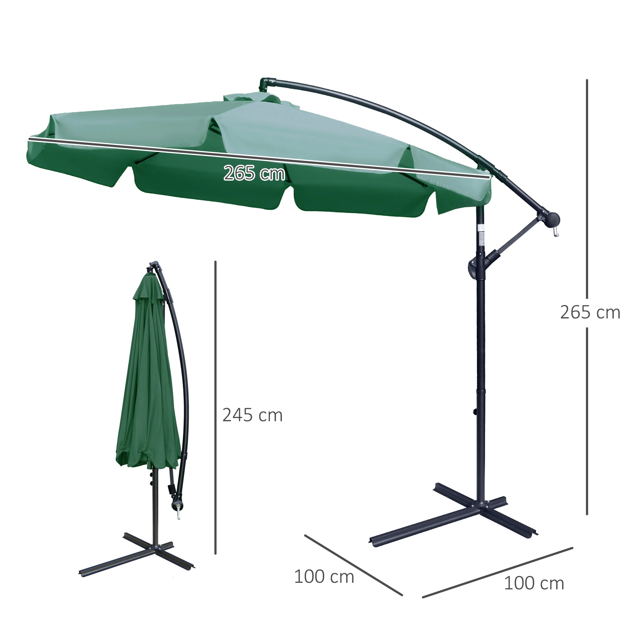 Outsunny 2.7m Garden Parasol Cantilever Umbrella with Crank Handle and Cross Base for Outdoor, Hanging Sun Shade, Green - North Peak Garden Furniture