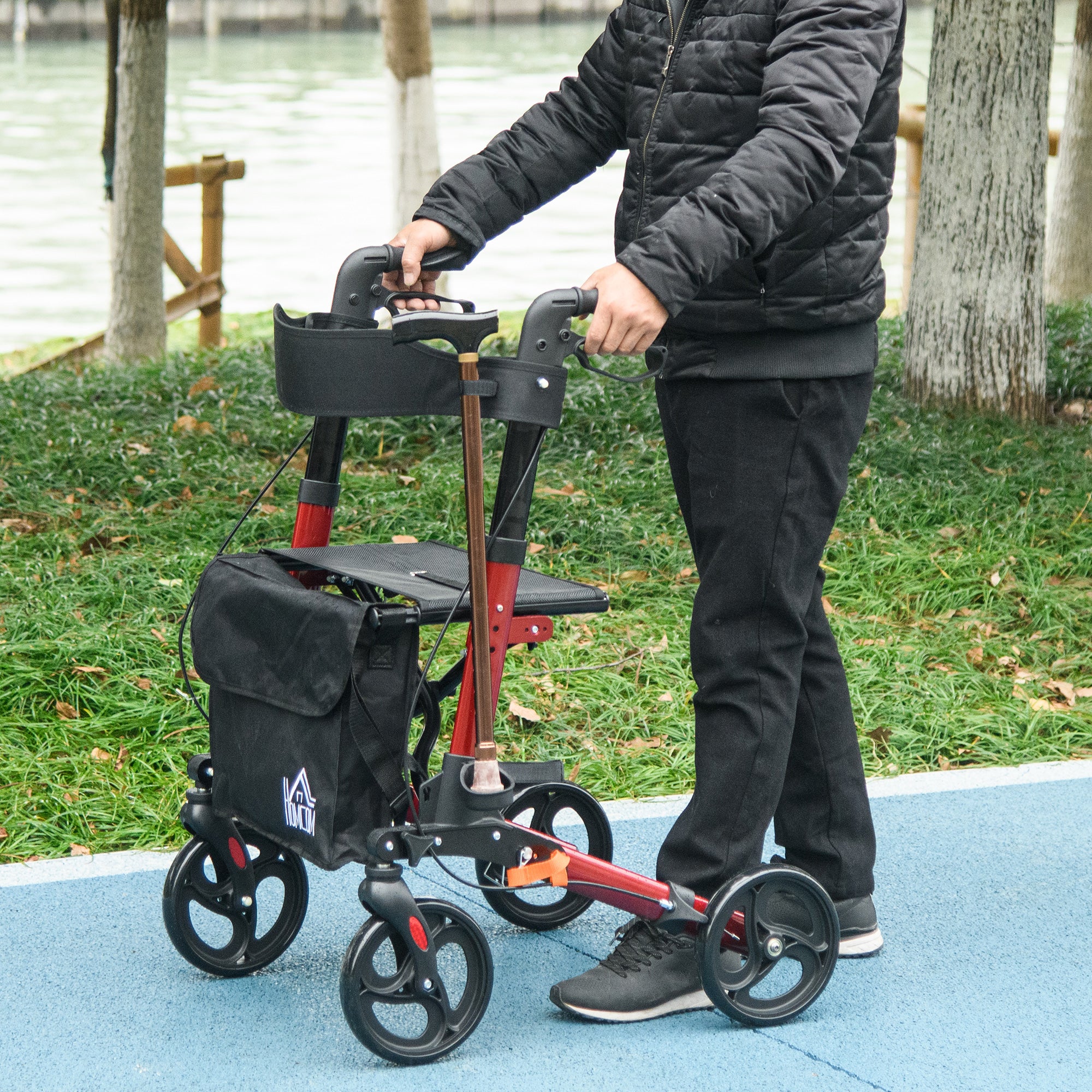 HOMCOM 4 Wheel Rollator with Seat and Back, Folding Mobility Walker with Carry Bag, Adjustable Height, Dual Brakes, Cane Holder, Lightweight Aluminium Walking Frame for Seniors and Disabled, Red - North Peak Garden Furniture