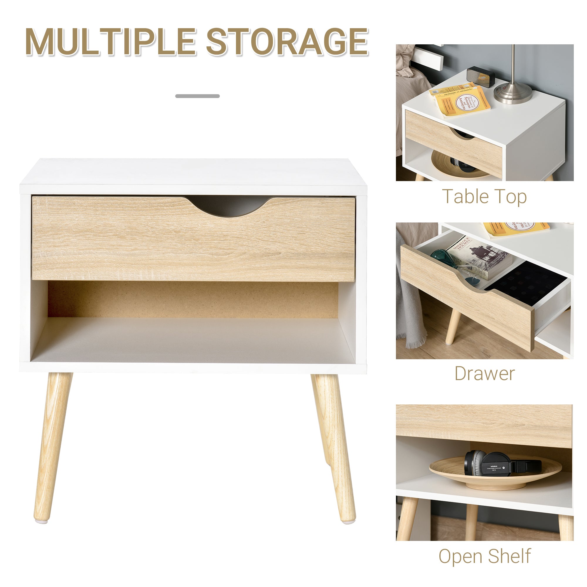 HOMCOM Bedside Table with Drawer and Shelf, Modern Nightstand, End Table for Bedroom, Living Room, White - North Peak Garden Furniture