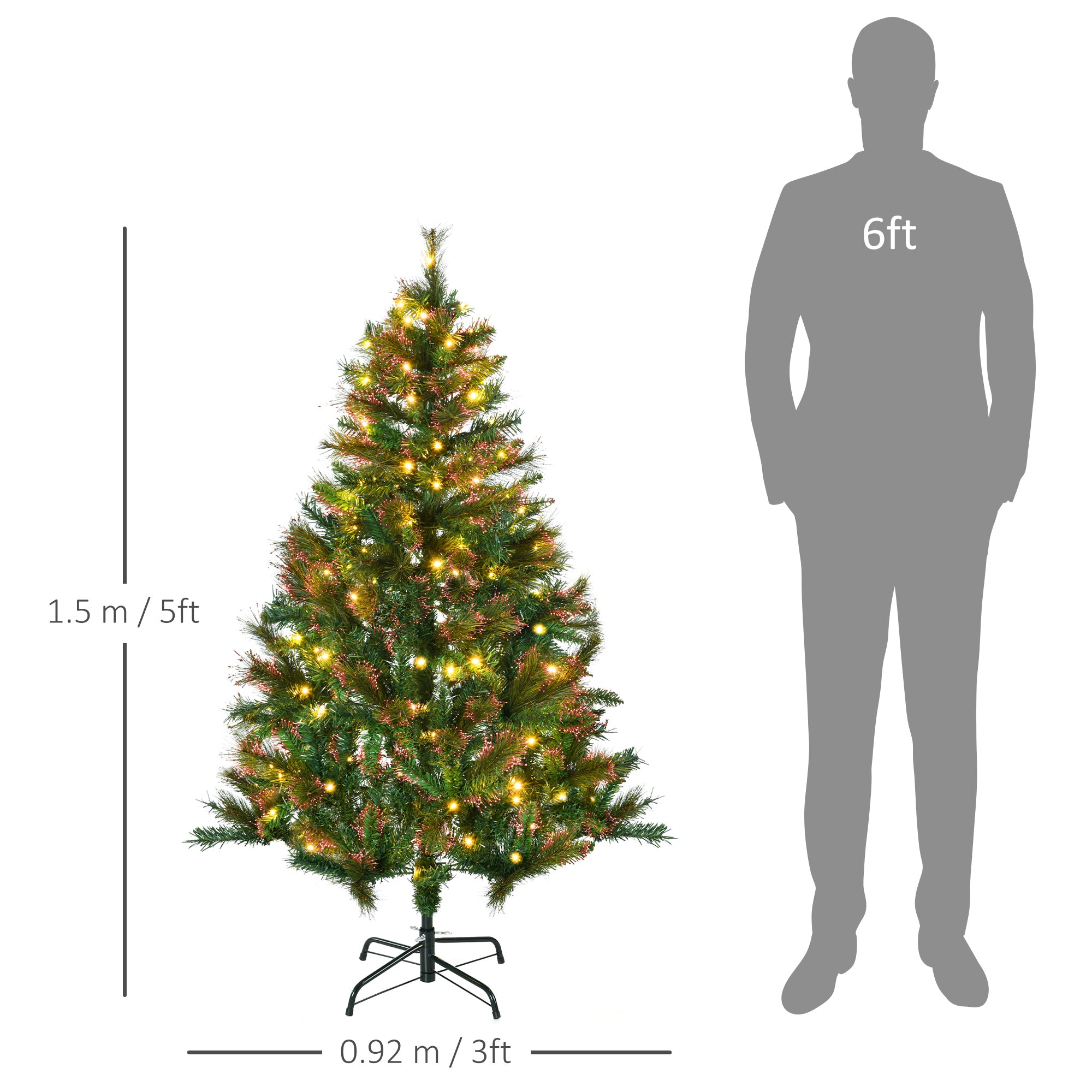 HOMCOM 1.5m 5ft Pre-Lit Christmas Tree Artificial Spruce Xmas Tree Warm White LED Holiday Décor with Metal Stand - North Peak Garden Furniture