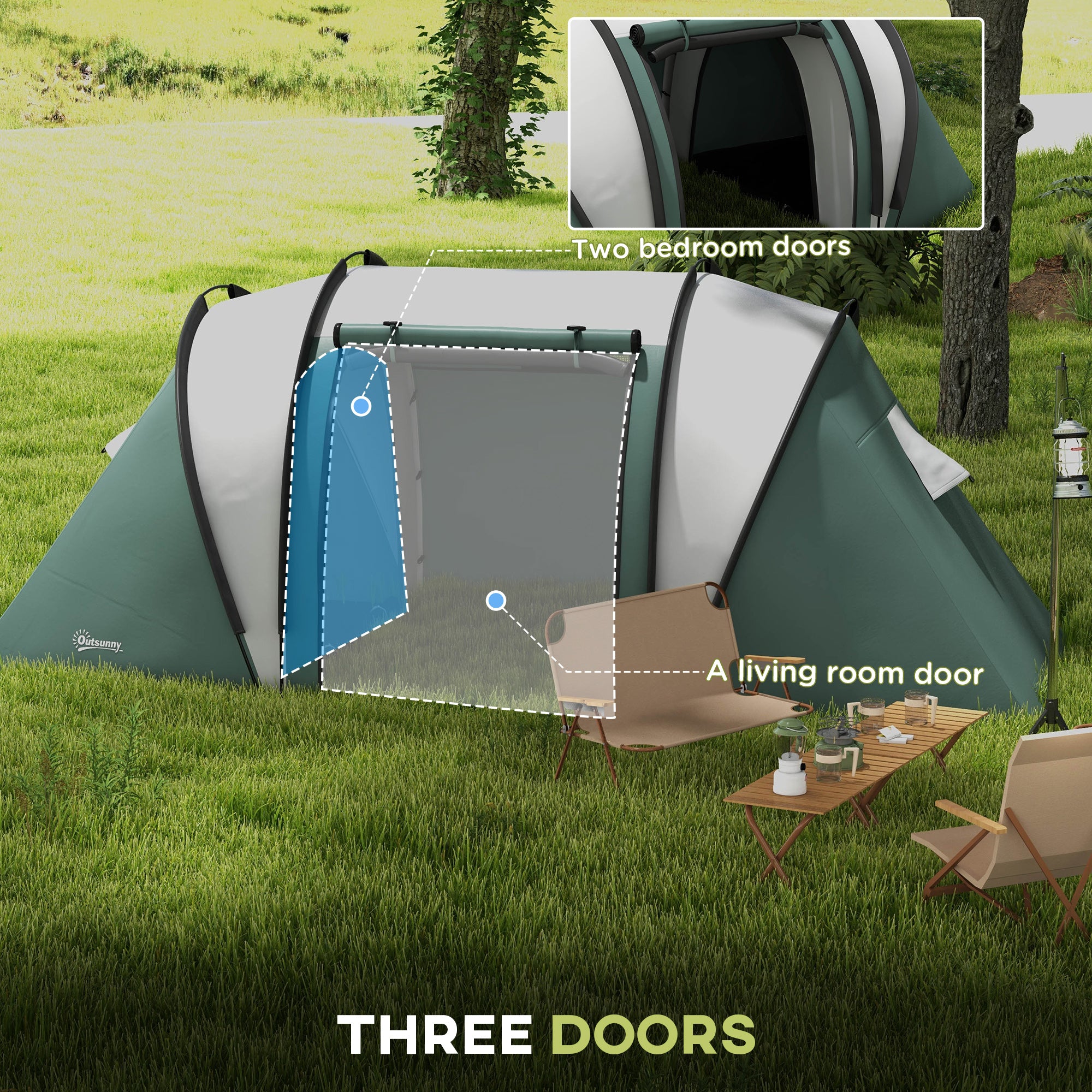 Outsunny Camping Tent with 2 Bedrooms and Living Area, 3000mm Waterproof Family Tent, for Fishing Hiking Festival, Dark Green - North Peak Garden Furniture
