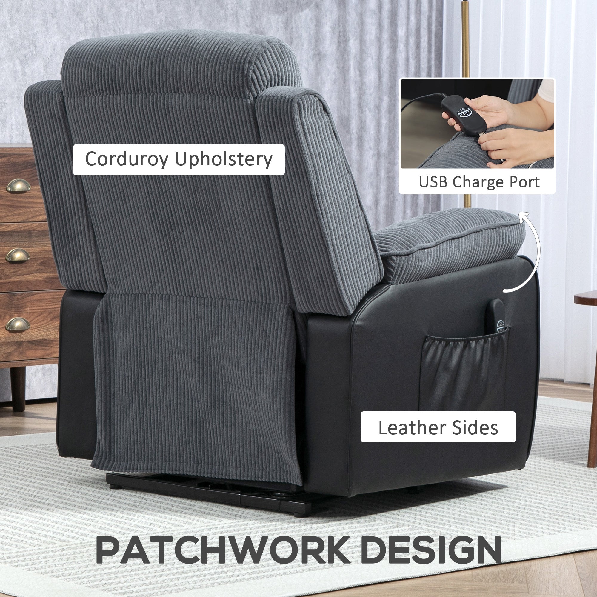 HOMCOM Power Lift Recliner Chair for Elderly, Patchwork Design Oversized Electric Riser and Recliner Armchair for Living Room with Remote Control and 2 Side Pockets, Dark Grey - North Peak Garden Furniture