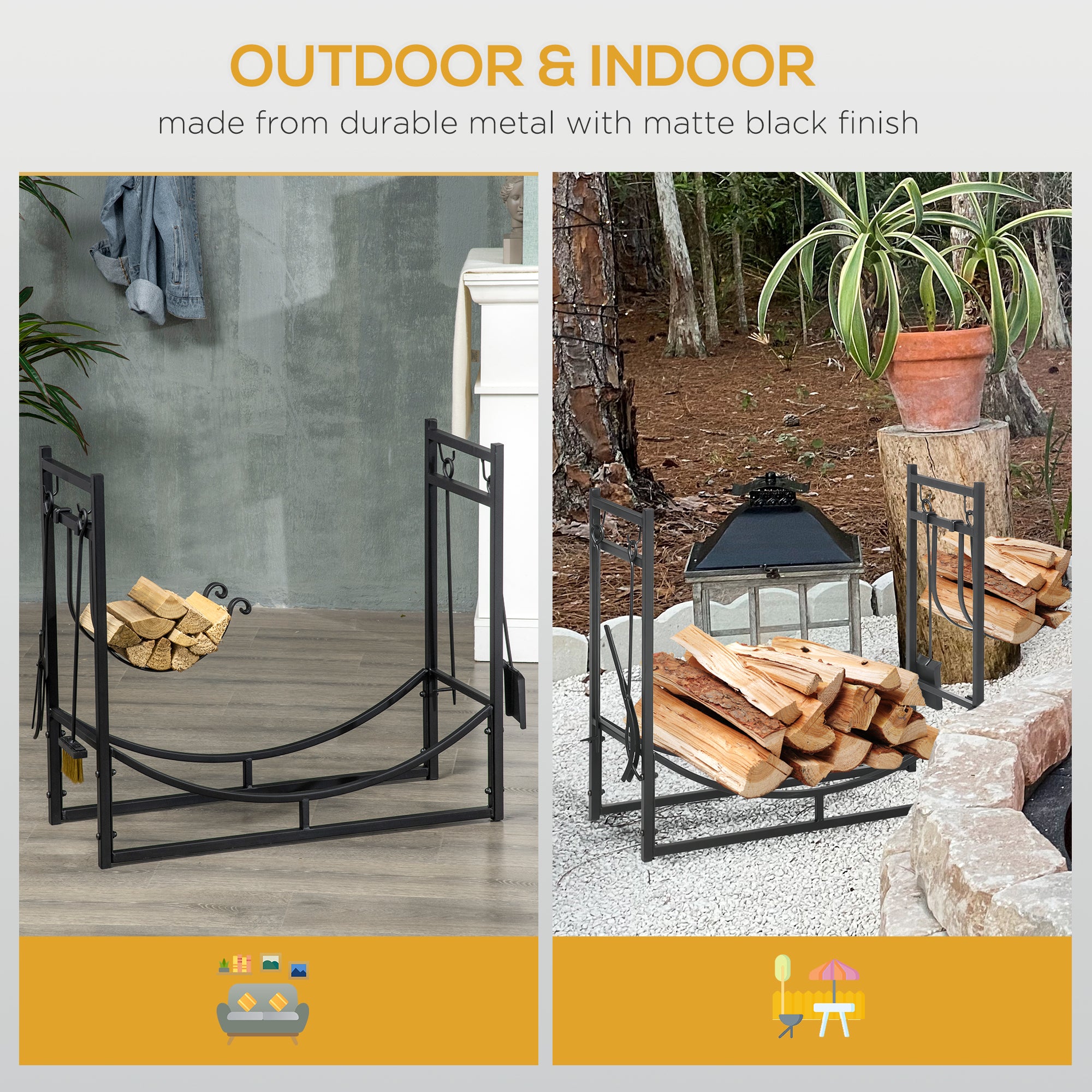 Outsunny Metal Firewood Log Holder Indoor Outdoor Firewood Rack Fireplace 2 Tier Wood Storage Shelf with 4 Tools, Hooks, Scrolls, Black, 84W x 33D x 76H cm - North Peak Garden Furniture