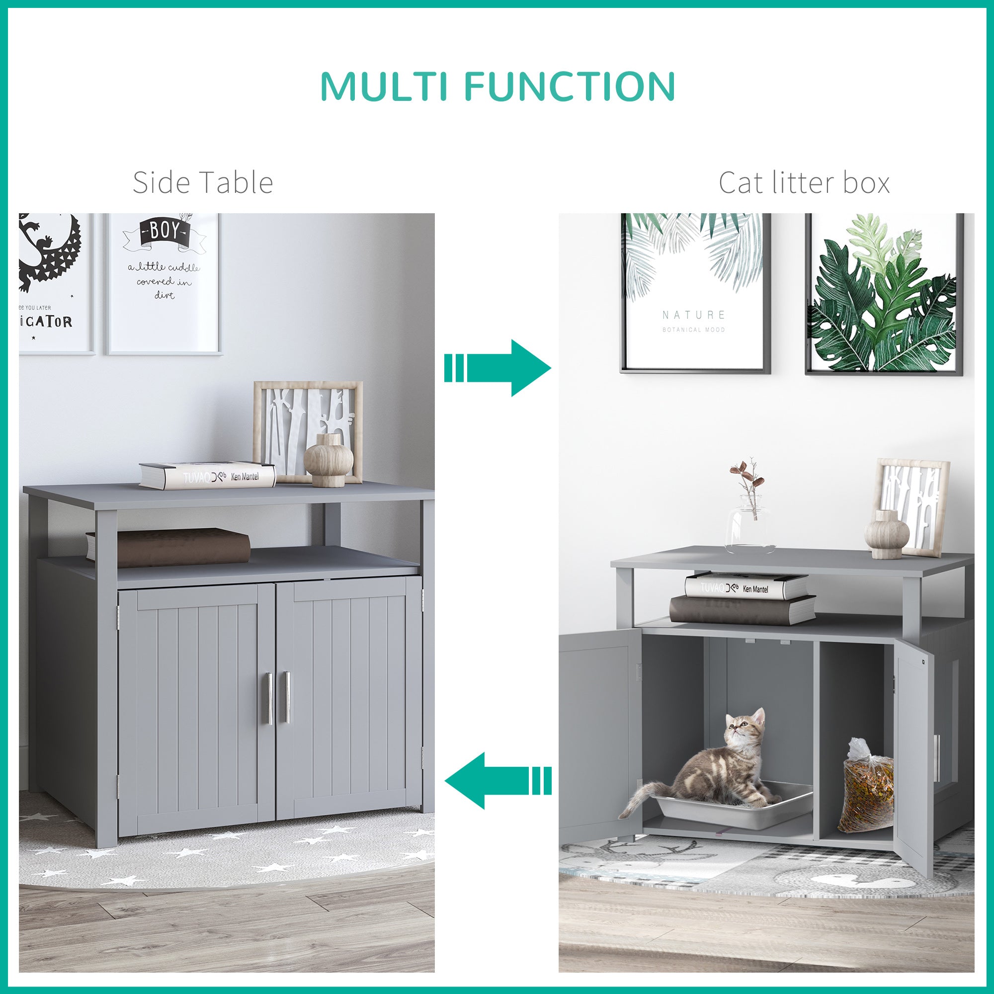PawHut Wooden Cat Litter Box Enclosure Furniture with Adjustable Interior Wall & Large Tabletop for Nightstand, Grey - North Peak Garden Furniture