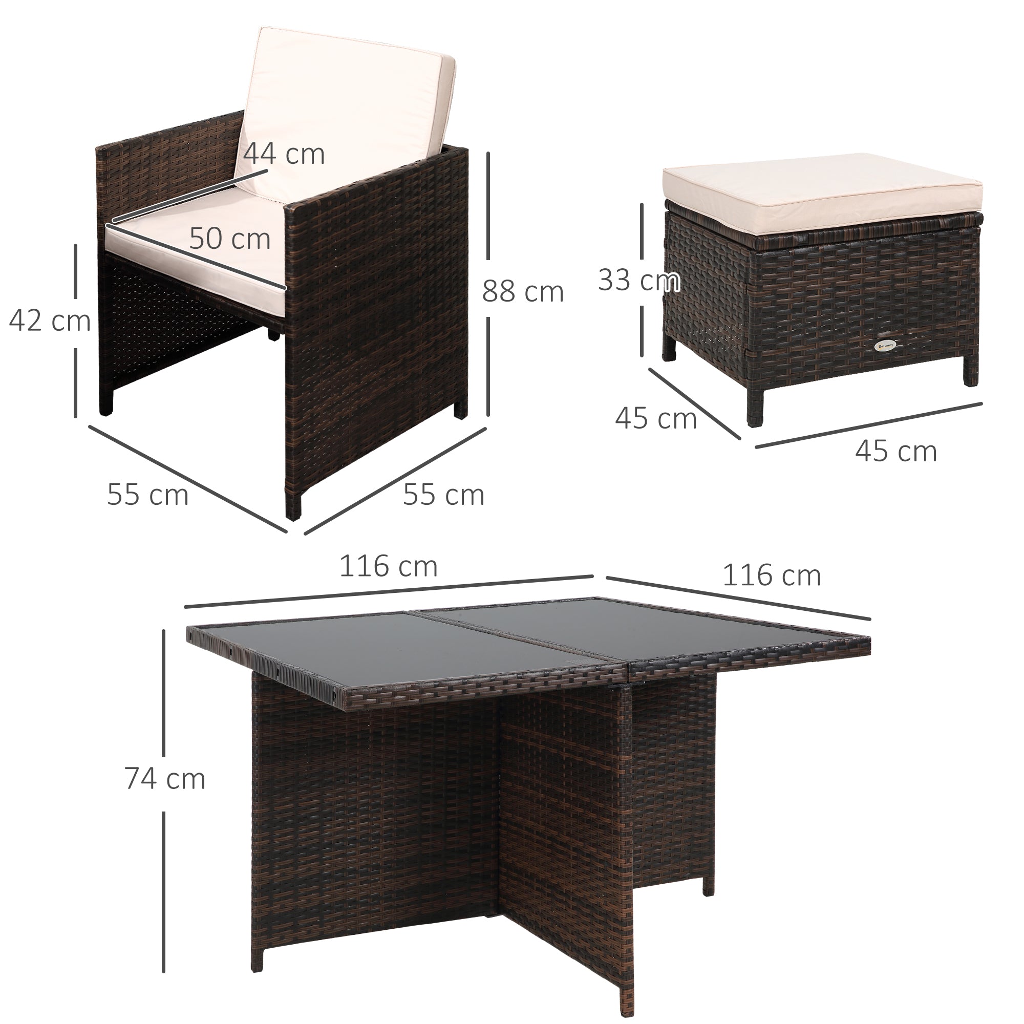 Outsunny 8 Seater Rattan Cube Garden Furniture Set, Rattan Dining Set with Cushions, Outdoor Dining Table and Chairs with 4 Armchairs, 4 Stools, Square Glass Top Table for Patio, Balcony, Brown - North Peak Garden Furniture
