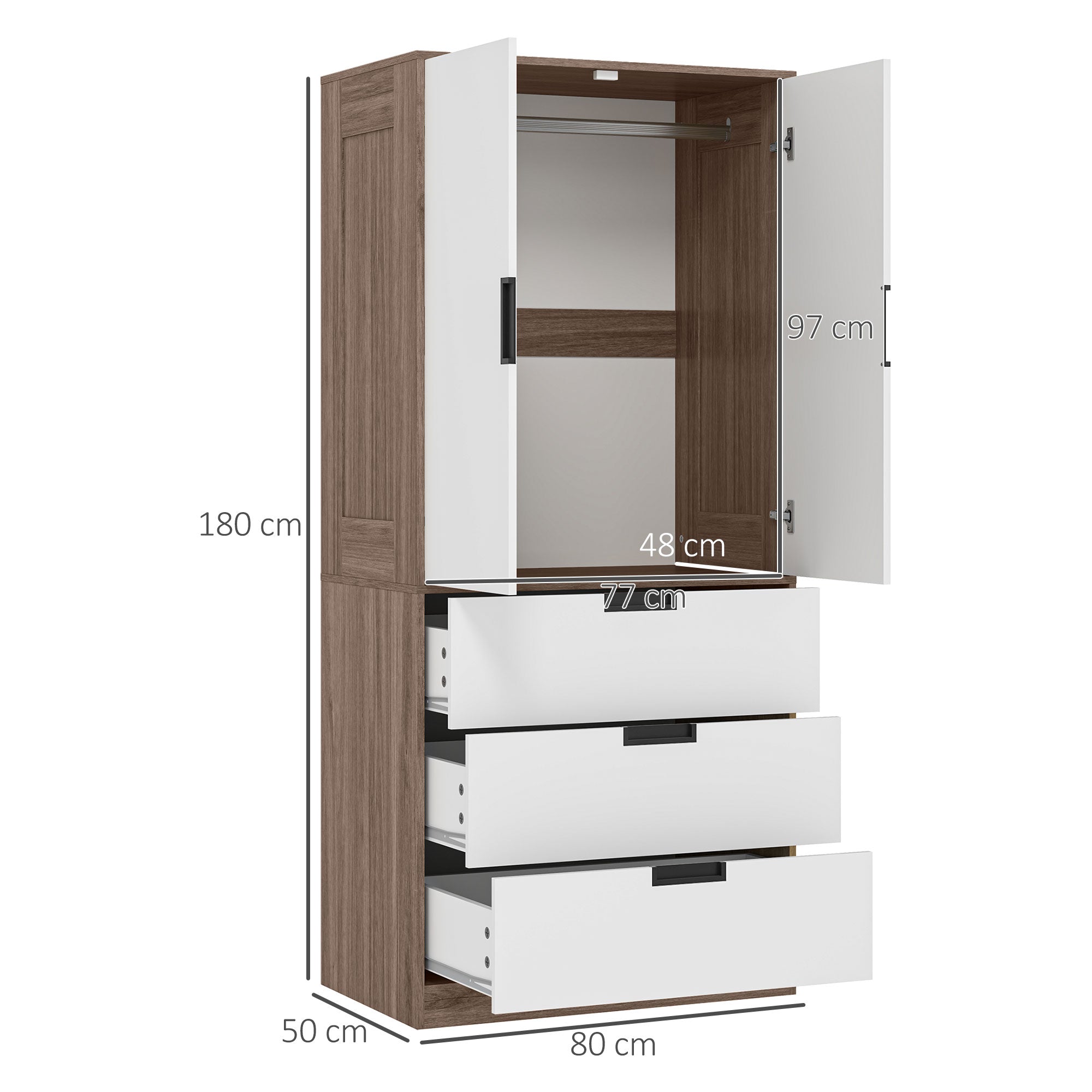 HOMCOM Two Door, Two Drawer Wardrobe - White/Brown - North Peak Garden Furniture