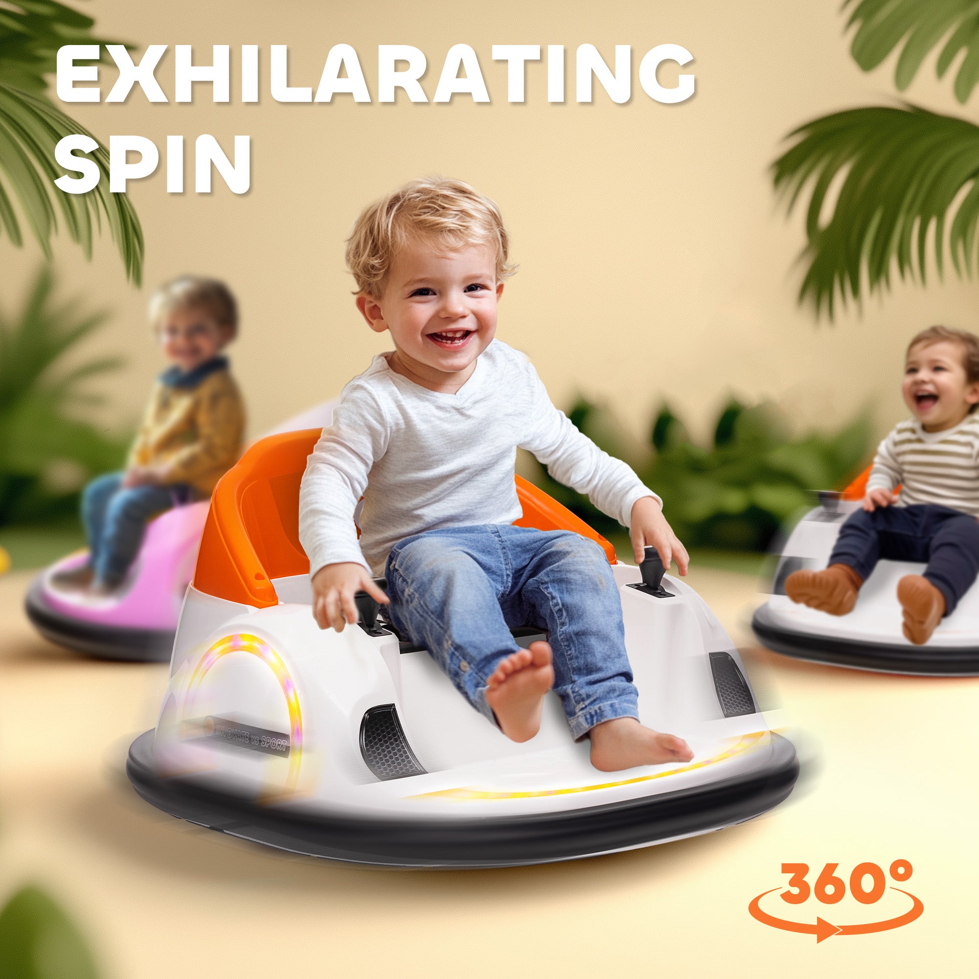 AIYAPLAY 360° Rotation Kids Bumper Car, 12V Waltzer Car with Remote Control, Dual Joysticks, Music Lights, Orange - North Peak Garden Furniture