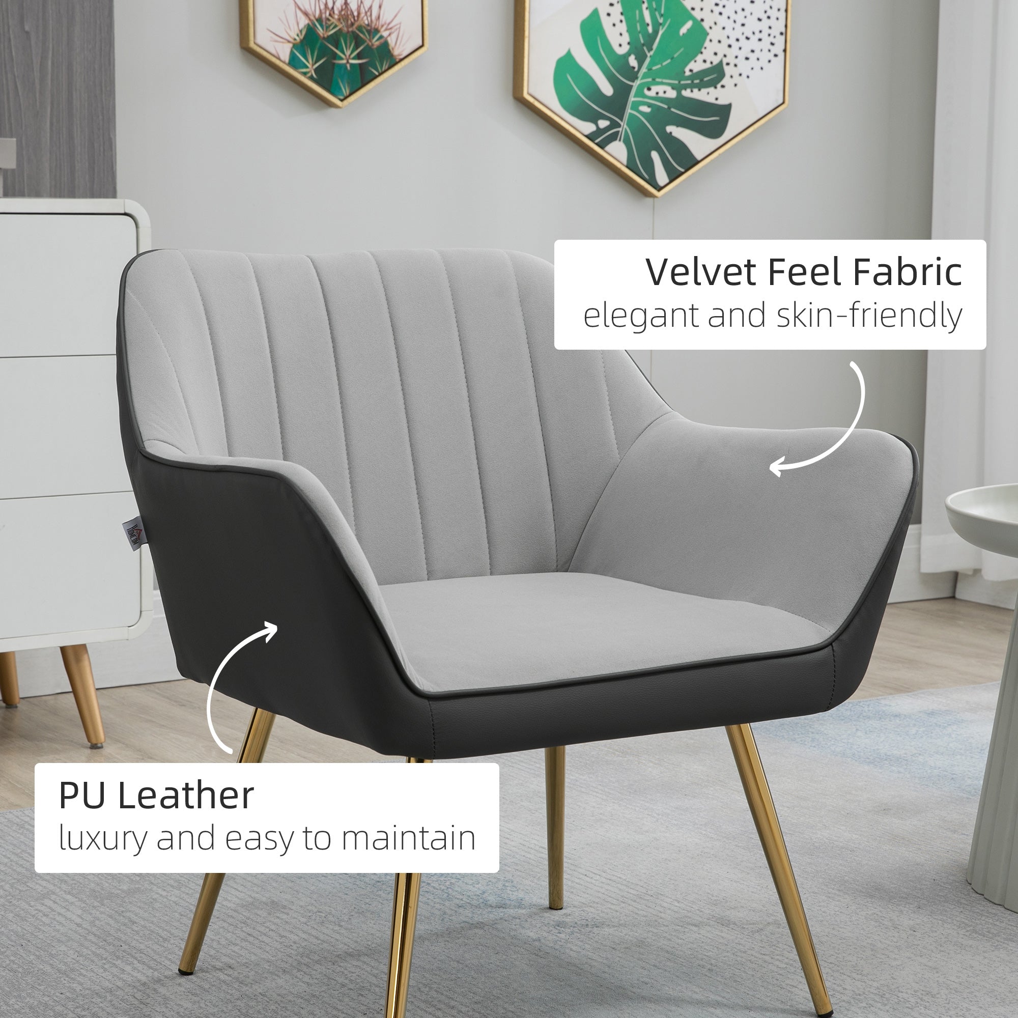 HOMCOM Velvet Armchairs, Upholstered Accent Chairs with Golden Steel Legs, Modern Vanity Chairs for Living Room and Bedroom, Light Grey - North Peak Garden Furniture