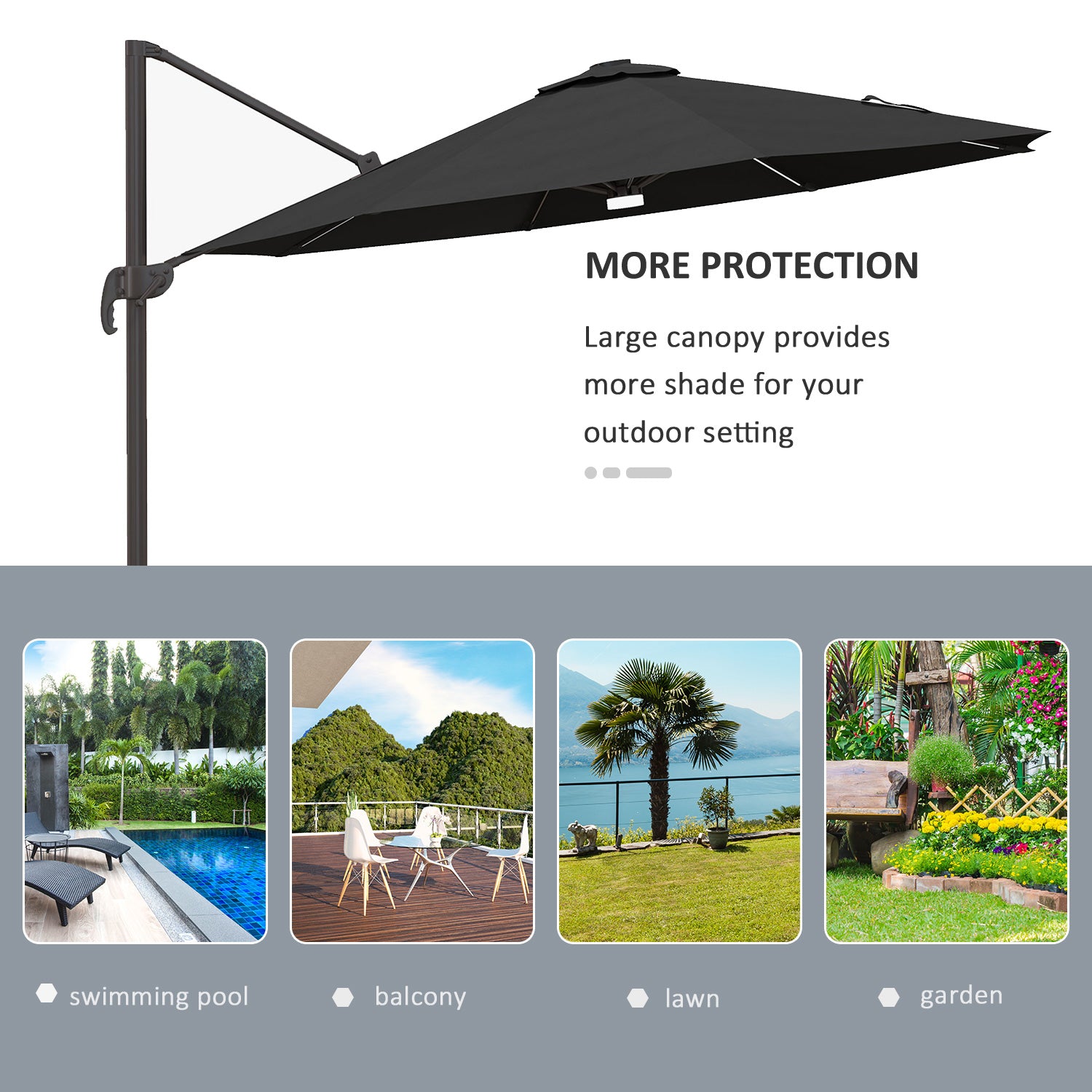 Outsunny Cantilever Parasol, with LED Lights and Cross Base - Dark Grey