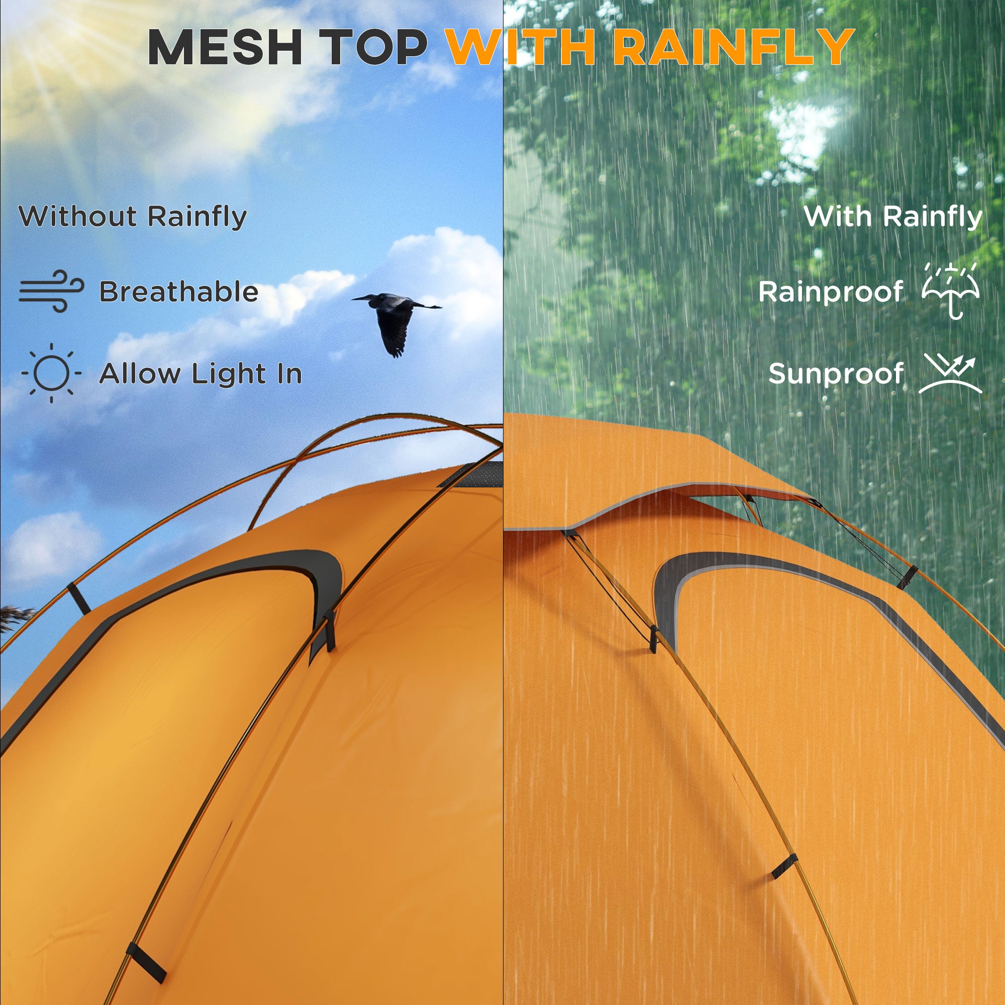 Outsunny Aluminium Frame Camping Tent Dome Tent with Removable Rainfly, 2000mm Waterproof, for 1-2 Man, Orange - North Peak Garden Furniture