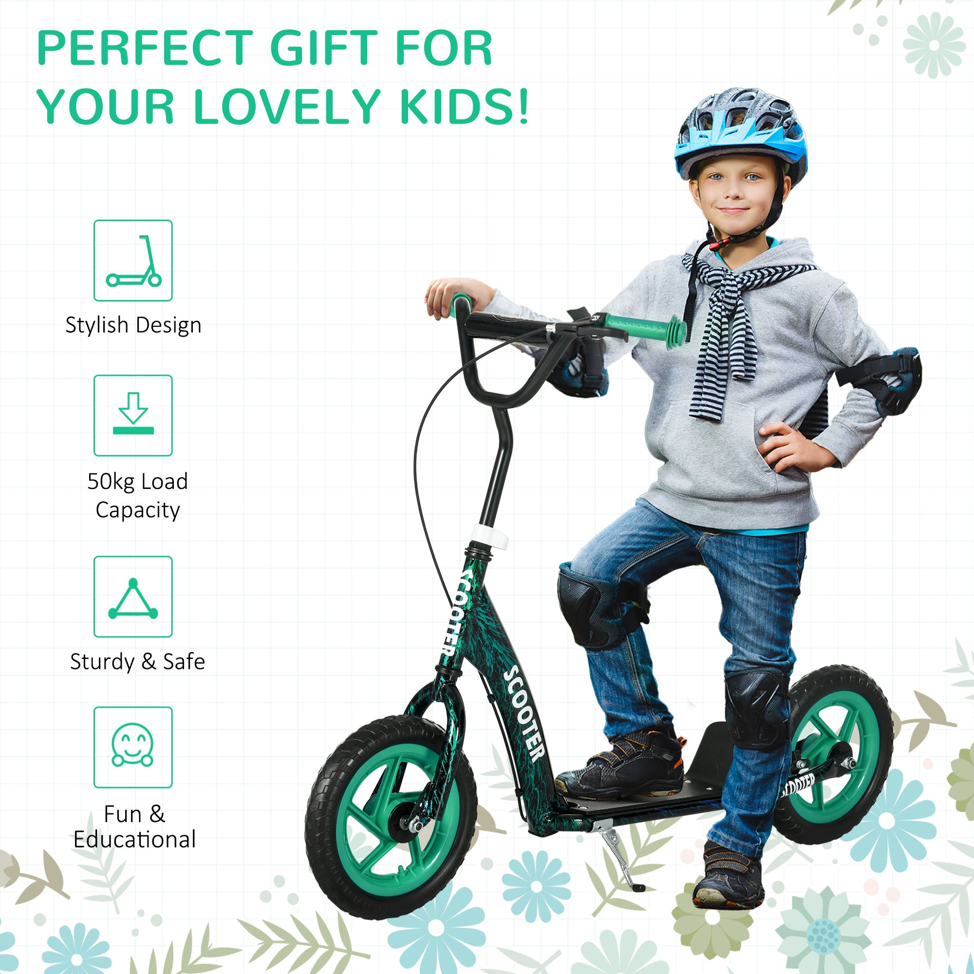 AIYAPLAY Kids Scooter with Adjustable Handlebar, Children's Kick Scooter with Non-slip Footplate, Rear Brake, Kickstand, Green - North Peak Garden Furniture