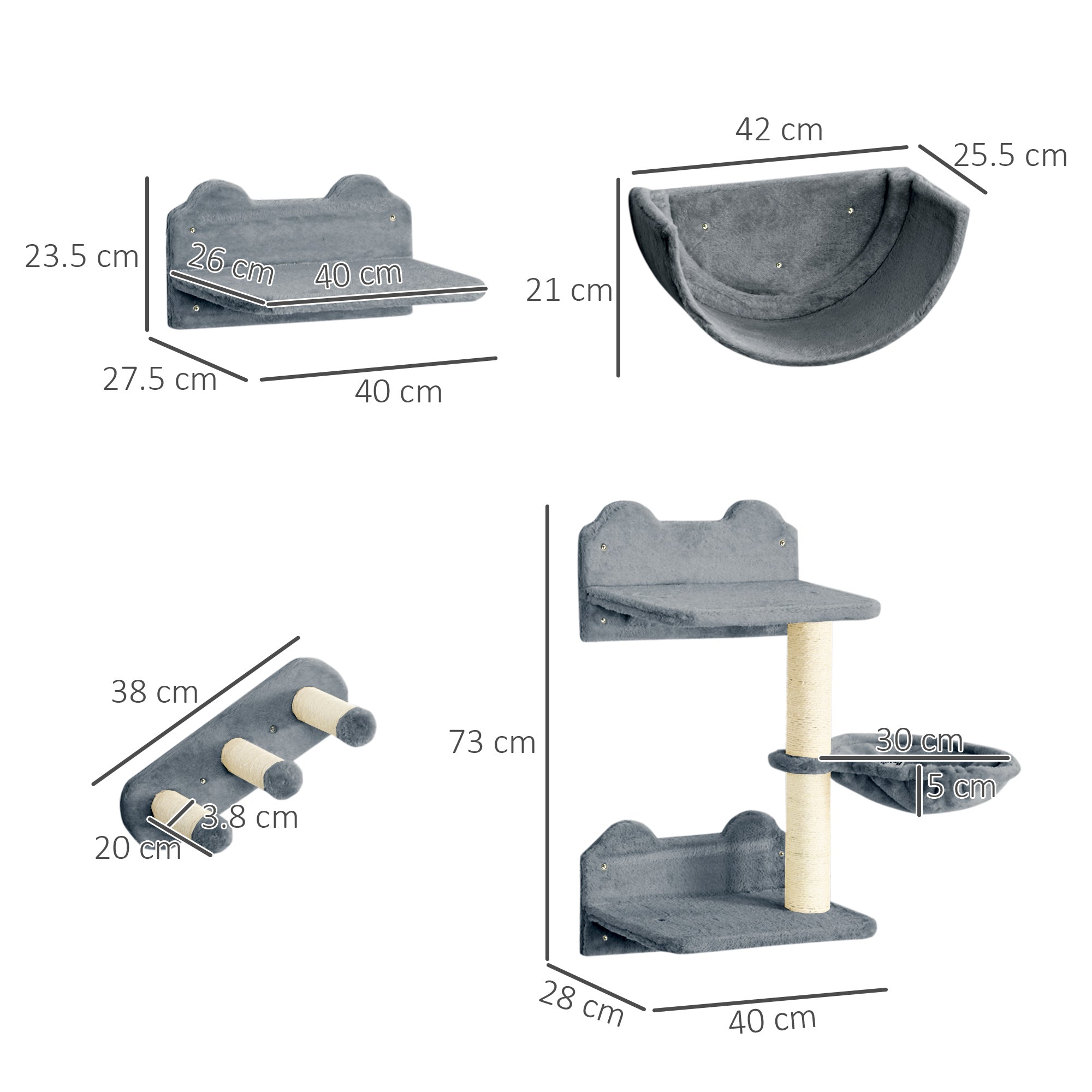 PawHut 4PCs Wall-Mounted Cat Shelves w/ Scratching Post, Hammock, Nest - Grey - North Peak Garden Furniture
