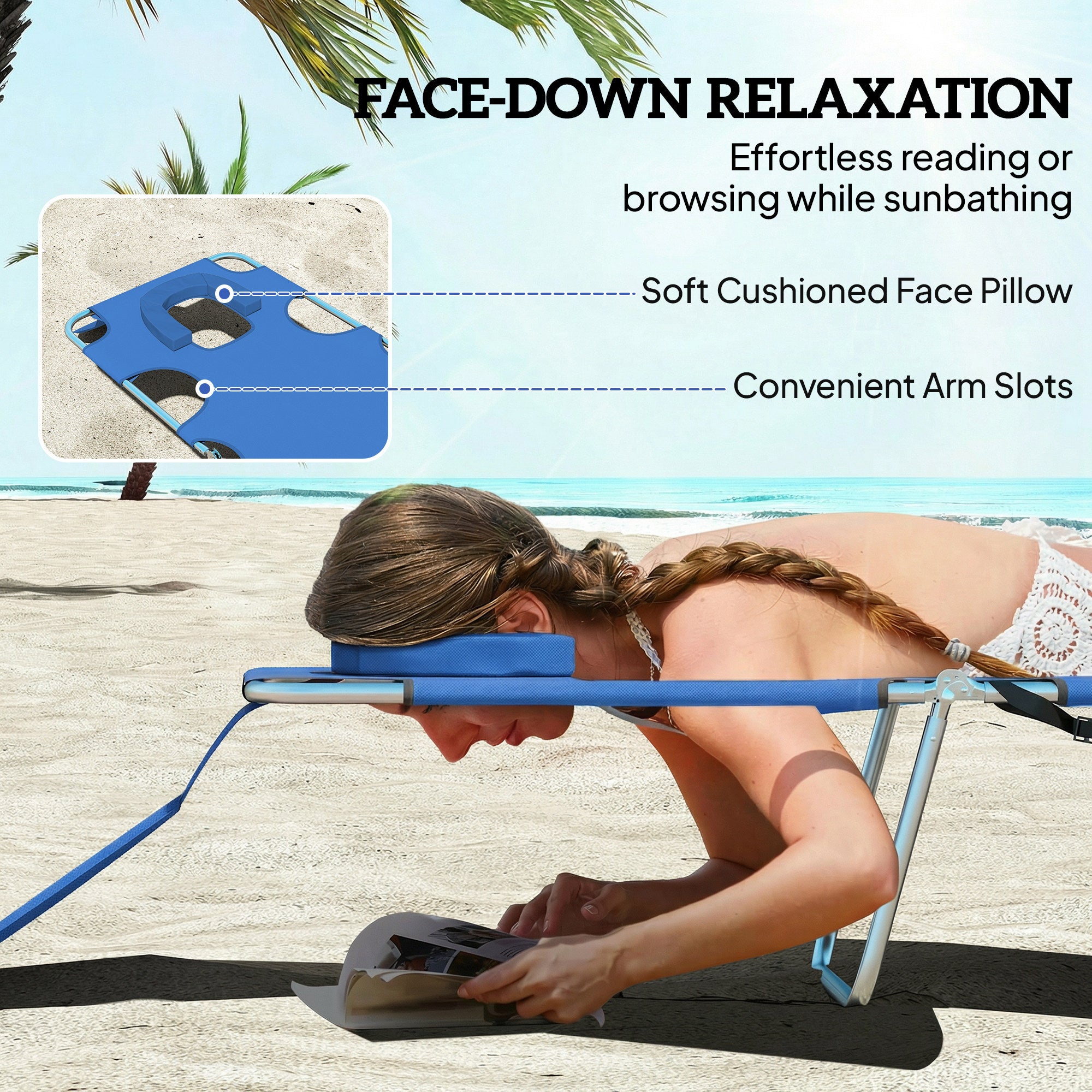 Outsunny 5-Position Adjustable Sun Loungers Set of 2 with Reading Hole and Side Pocket, Blue