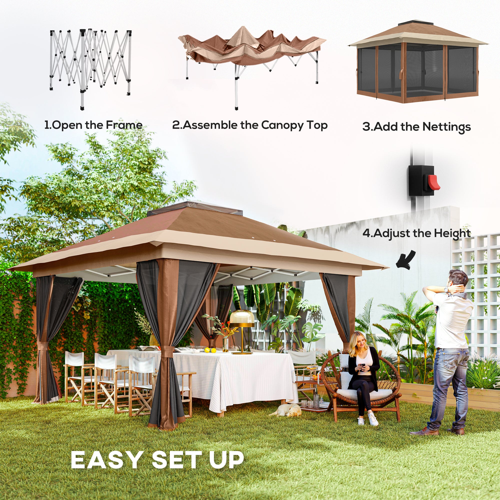 Outsunny 3.6 x 3.6m Pop-Up Gazebo, with Accessories - Brown - North Peak Garden Furniture